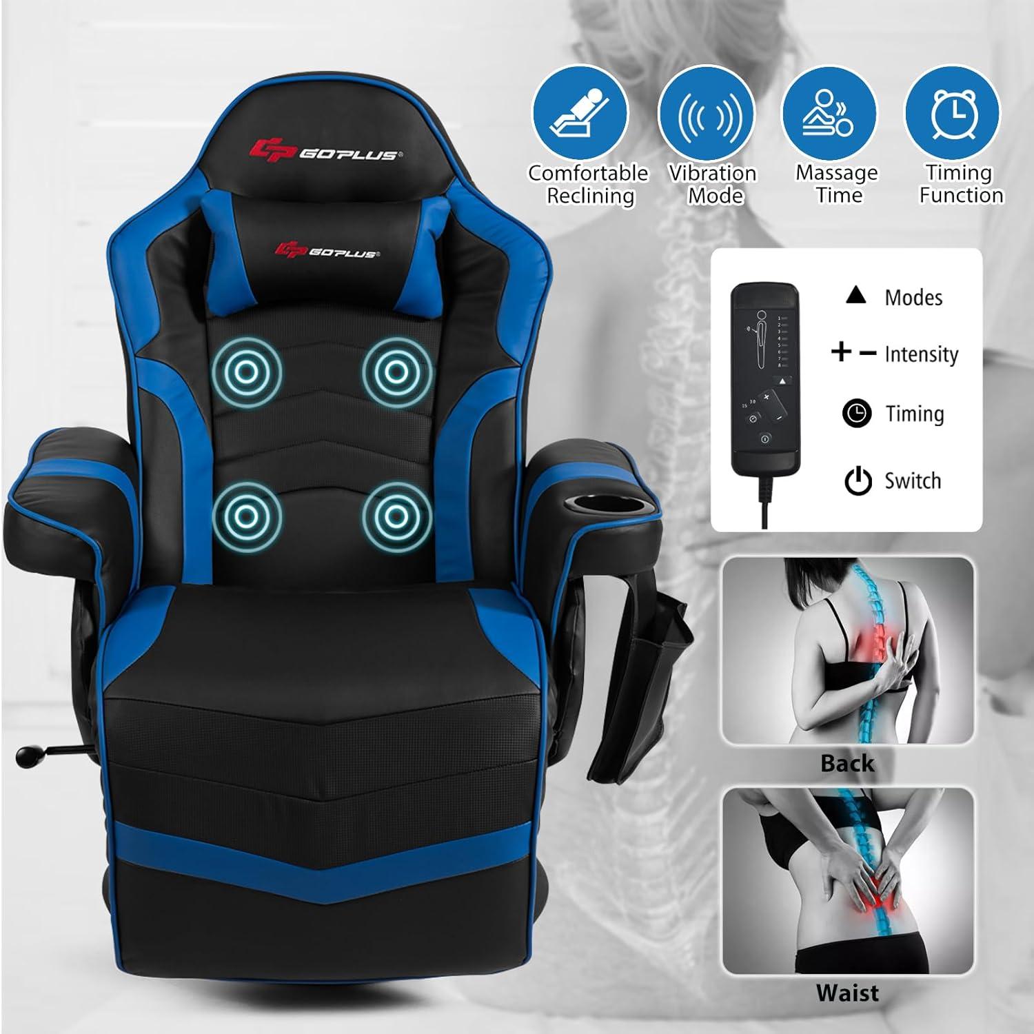 Costway Massage Gaming Recliner Reclining Racing Chair Swivel Blue