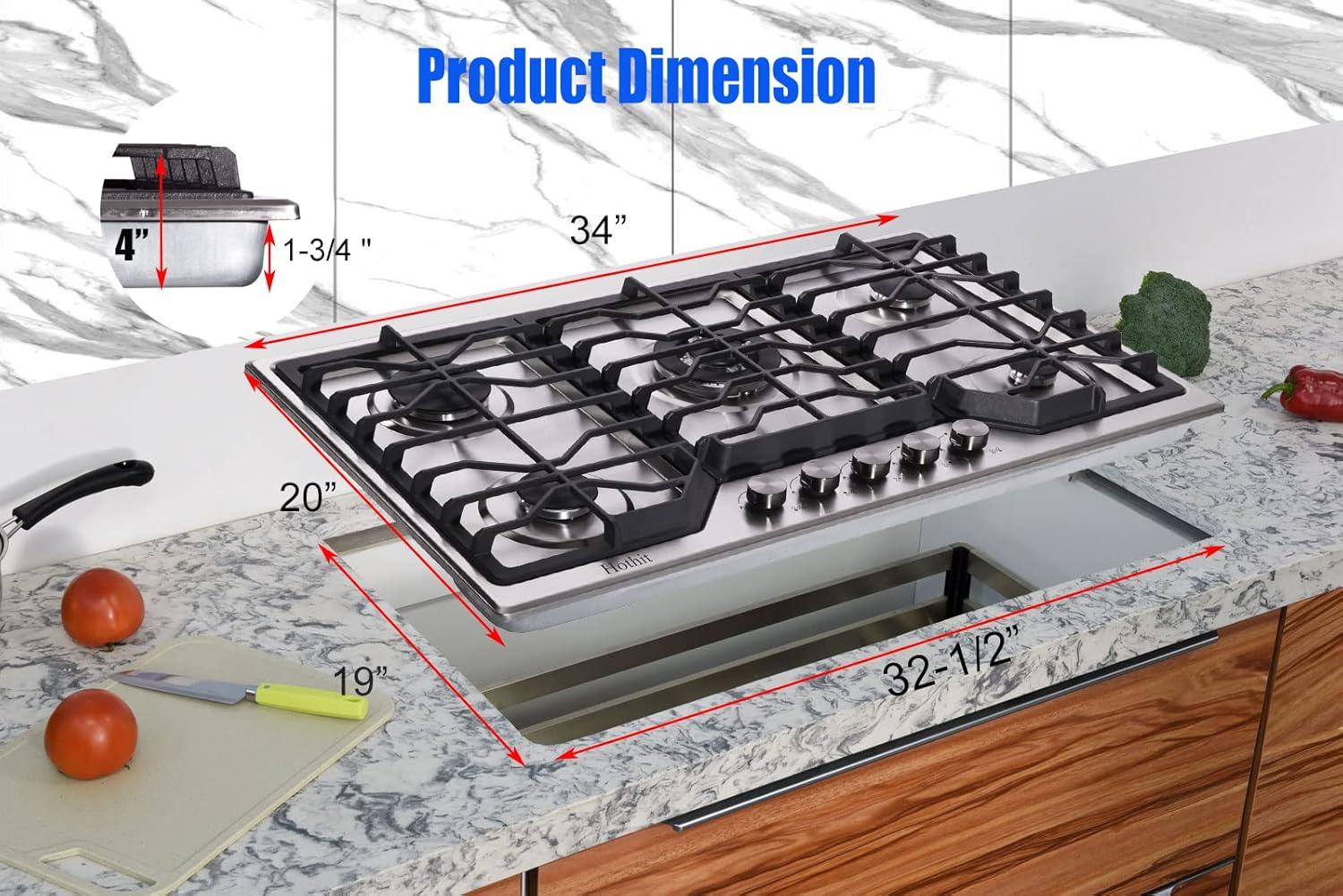 34-Inch Stainless Steel 5-Burner Gas Cooktop with Cast Iron Grates