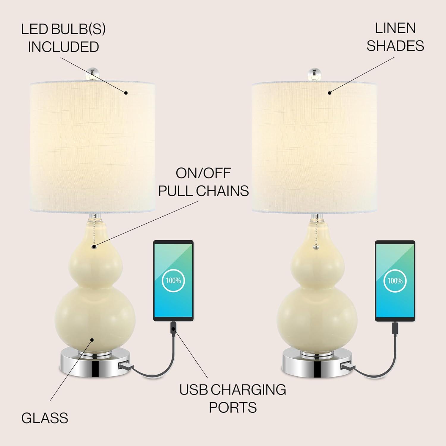 JONATHAN Y JYL1125A-SET2 Cora 22" Classic Vintage Glass LED Table Lamp with USB Charging Port, Coastal, Contemporary, Traditional for living room, bedroom Bulb Included, Cream (Set of 2)