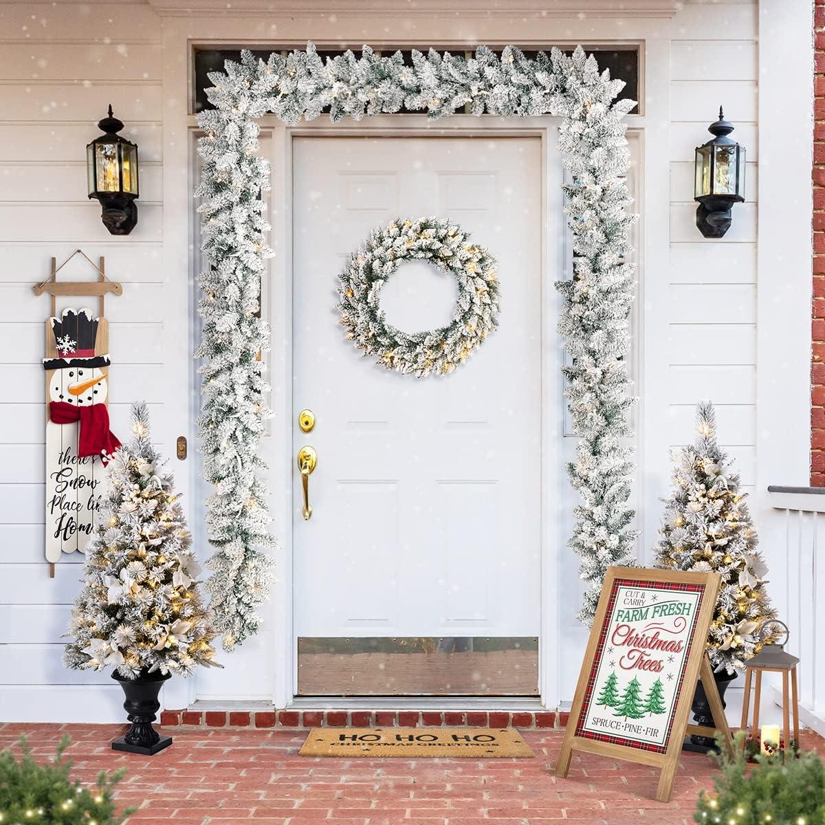 Huge Pre-Lit Artificial Pine Garland and Wreath Set with Snow Flocked Embellishments