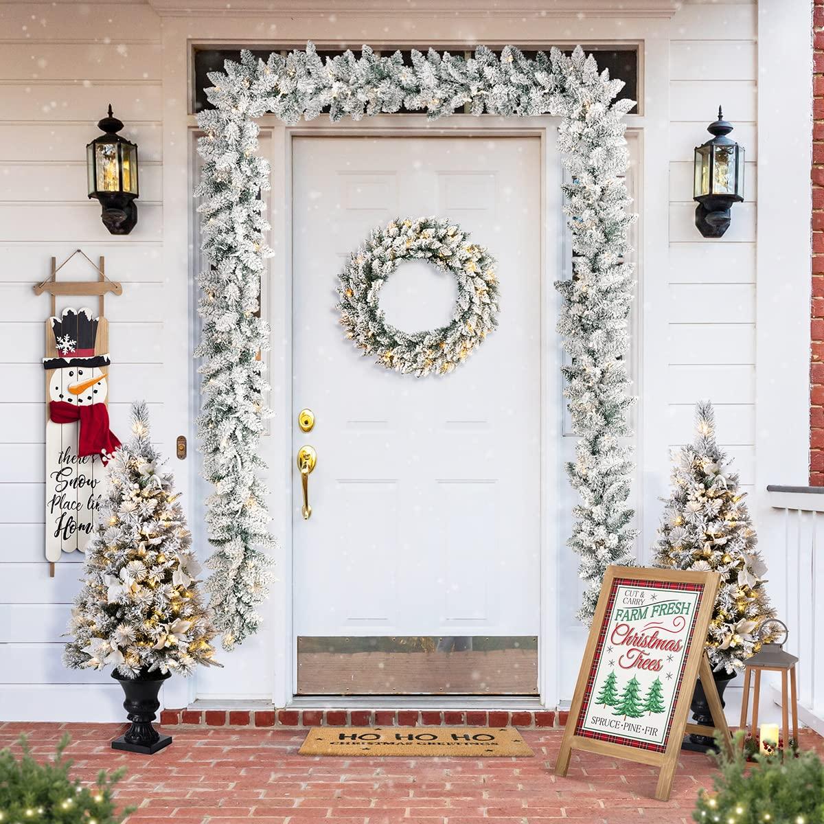 Glitzhome Pre-Lit 24" Artificial Christmas Snow Flocked Wreath with 2Pcs Xmas Snow Garlands Ornament Lighted Pine Needle Holiday Hang Decorations for Home Door Wedding Party Decor