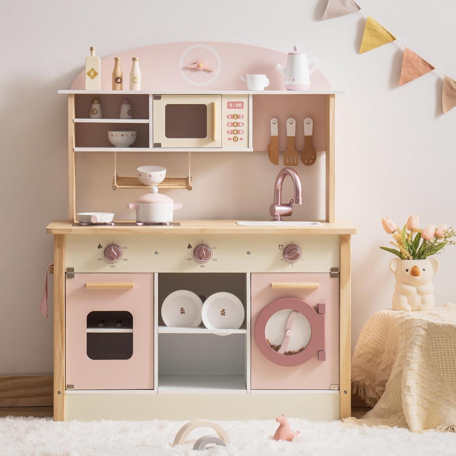 Pink Wooden Play Kitchen with Realistic Accessories for Kids