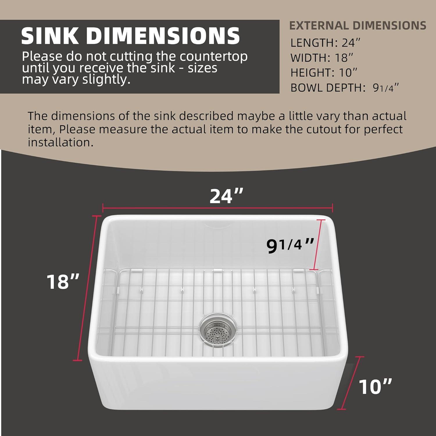 Small Farmhouse Sink 24 X18 White Fireclay Undermount Kitchen Sinks Deep Single Bowl Drop in Modern Apron Front Farm Sink For Kitchen with Protective Bottom Grid and Strainer