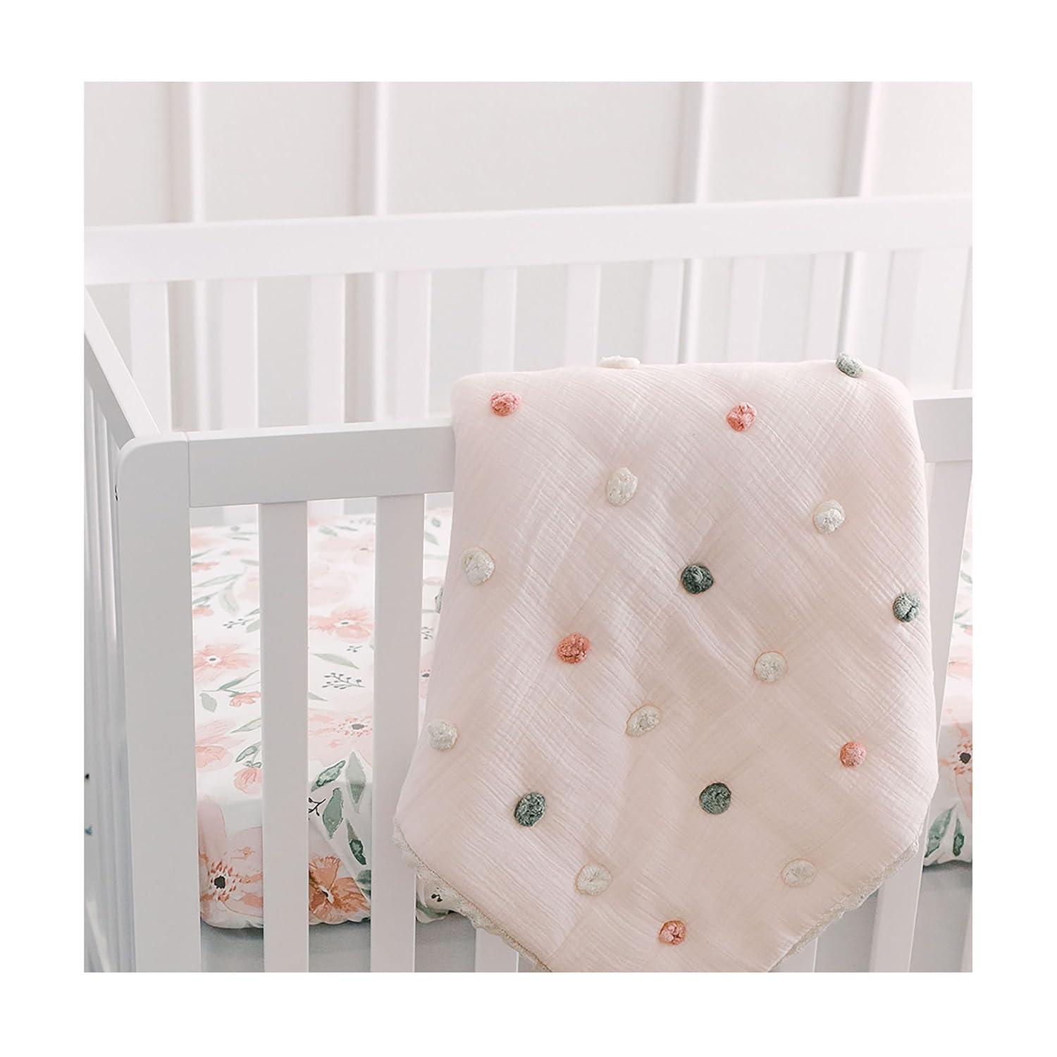 Parker Rose Light Pink Cotton Muslin Baby Blanket with Pom Poms