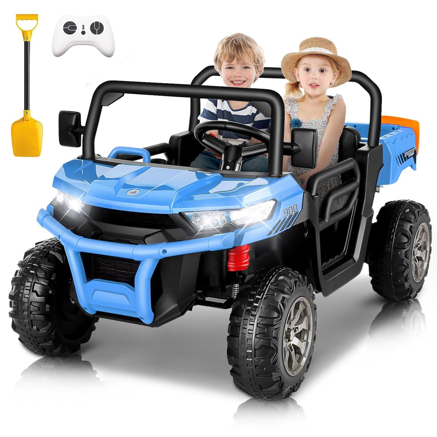 Funride 4WD 24 Volt Ride on Toys with Remote Control, 2 Seater Power Car Wheels UTV Toys, Ride on Truck Car w/ Electric Dump Bed, Shovel, Bluetooth Music