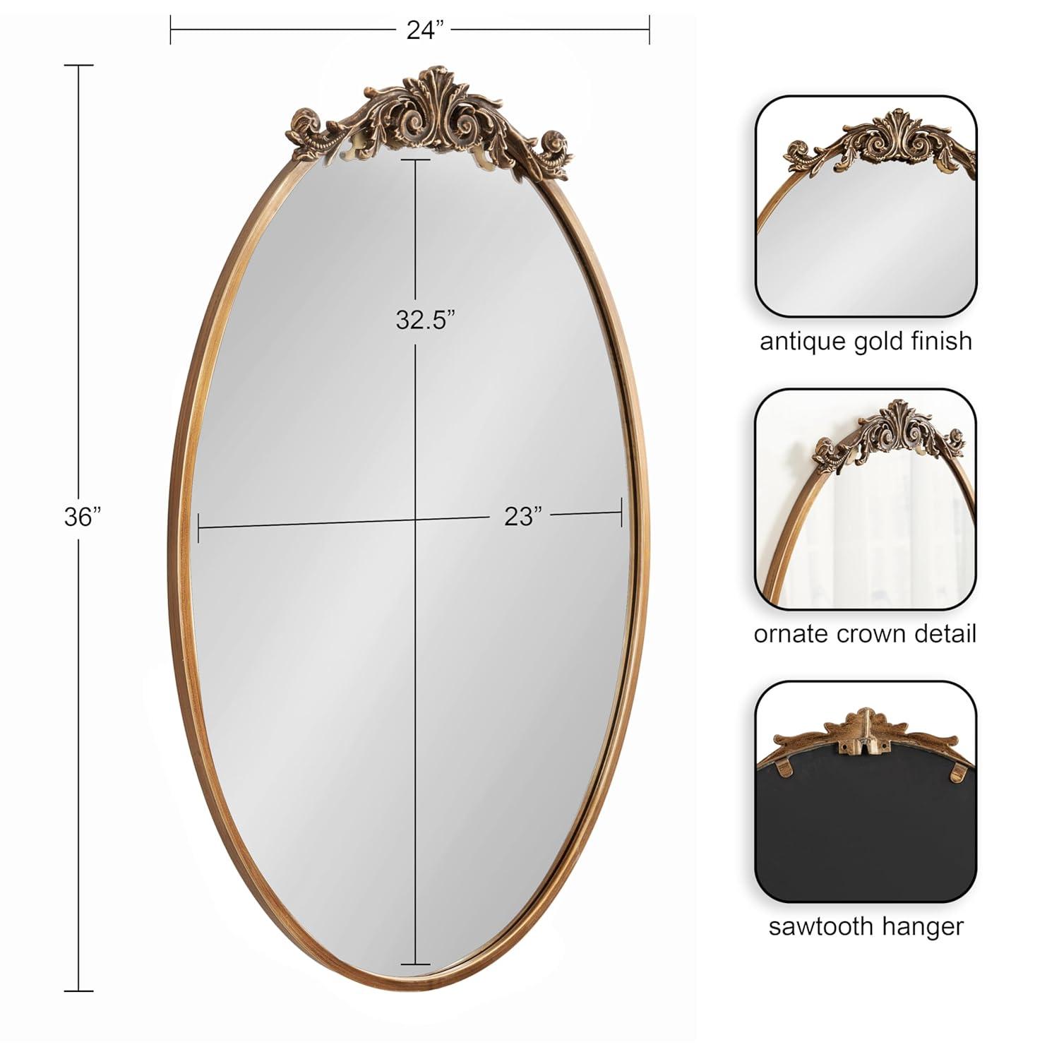 Kate & Laurel All Things Decor 24"x36" Arendahl Traditional Vertical Oval Wall Mirror Antique Gold: Ornate, No Assembly Required