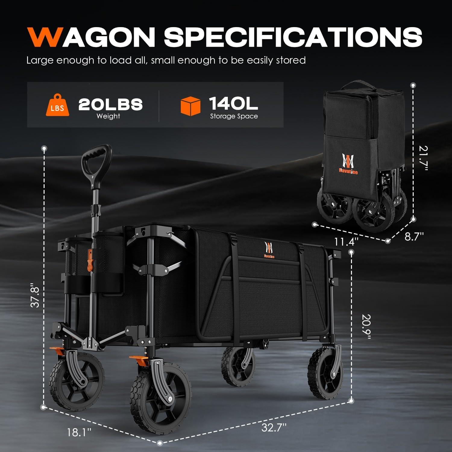 140L Collapsible Wagon Cart Foldable, Folding Utility Grocery Cart with Side Pocket and Brakes for Shopping, Sports, Camping and Garden, Black