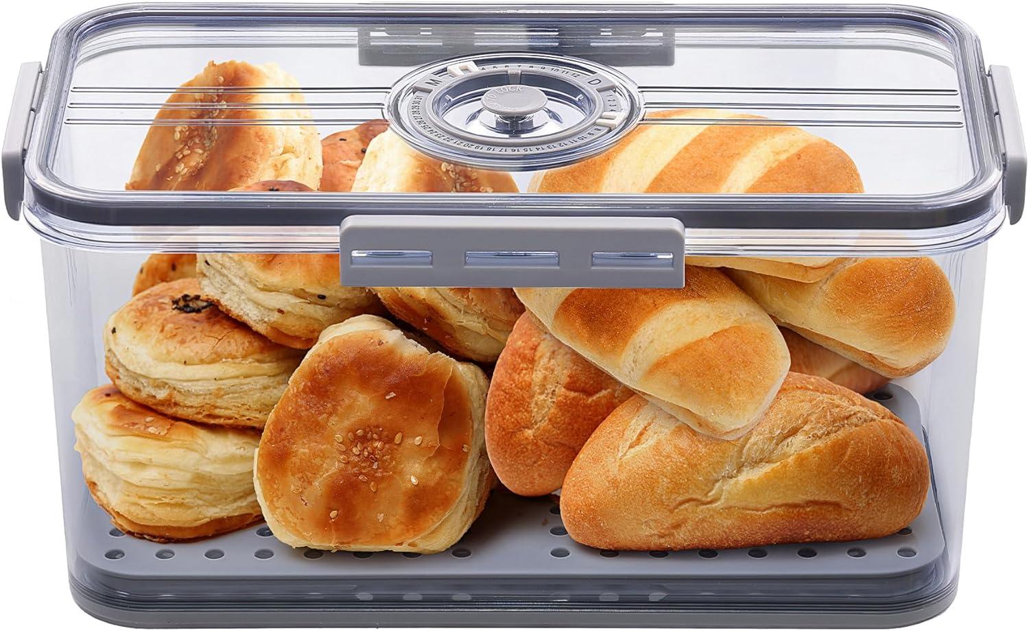 Baodeli Bread Box Bread Boxes for Kitchen Counter Airtight, Time Recording Bread Storage Container with Lid, Bread Keeper for Homemade Bread, Toast, Bagel, Donut and Cookies, Grey