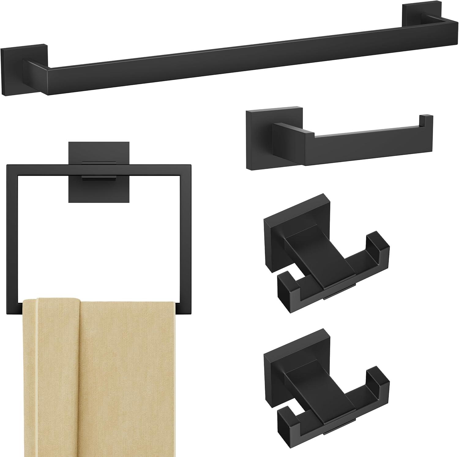 Matte Black Bathroom Hardware Set,5-Piece Towel Racks for Bathroom 23.6" Wall Mount Bathroom Accessories Include Towel Bar,Towel Rack Ring,Toilet Paper Holder,2*Robe Hook