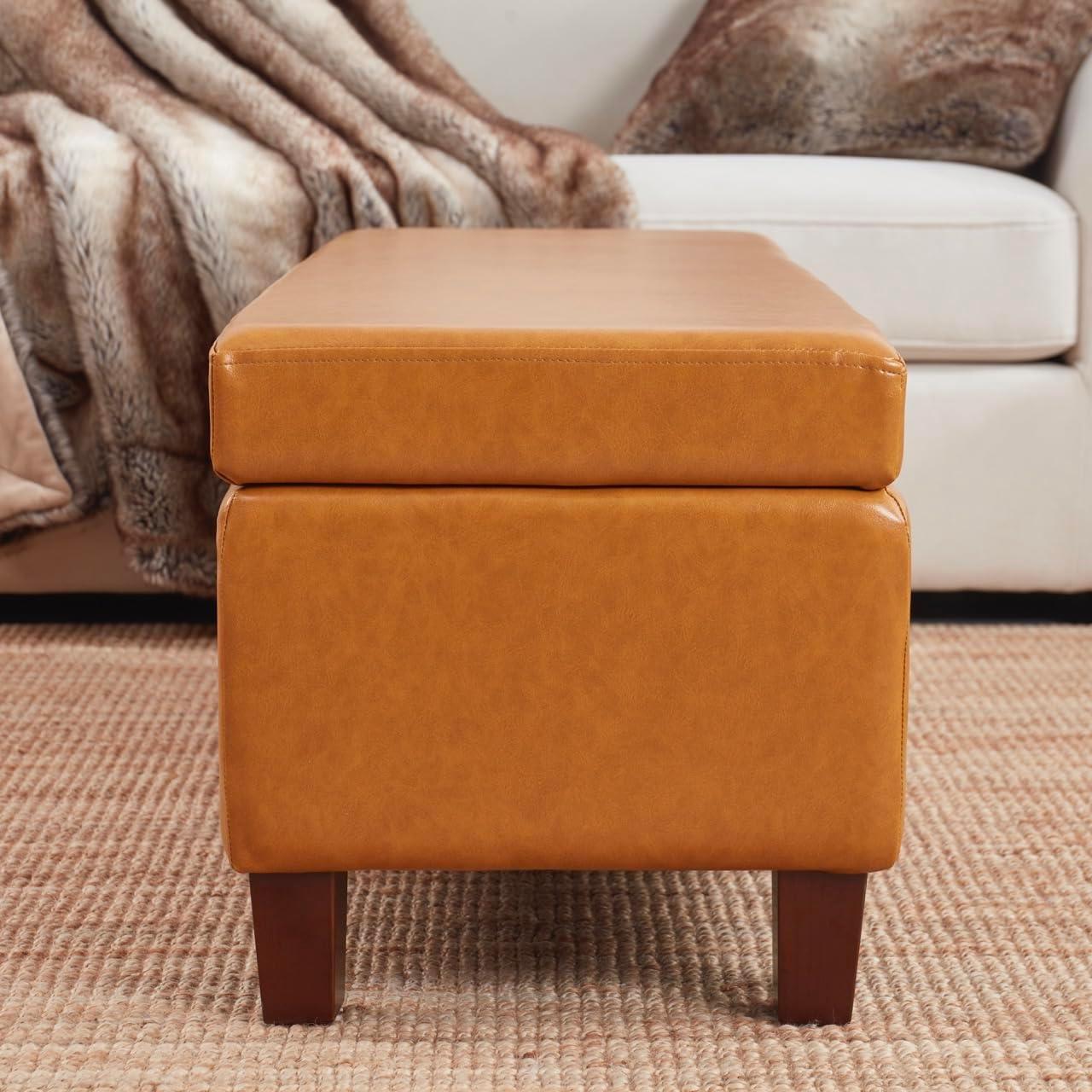 Ornavo Home Storage Ottoman Bench Upholstered Rectangle Storage Ottoman with Hinge Lid for Entryway, Bedroom, Living Room, Faux Leather Cognac