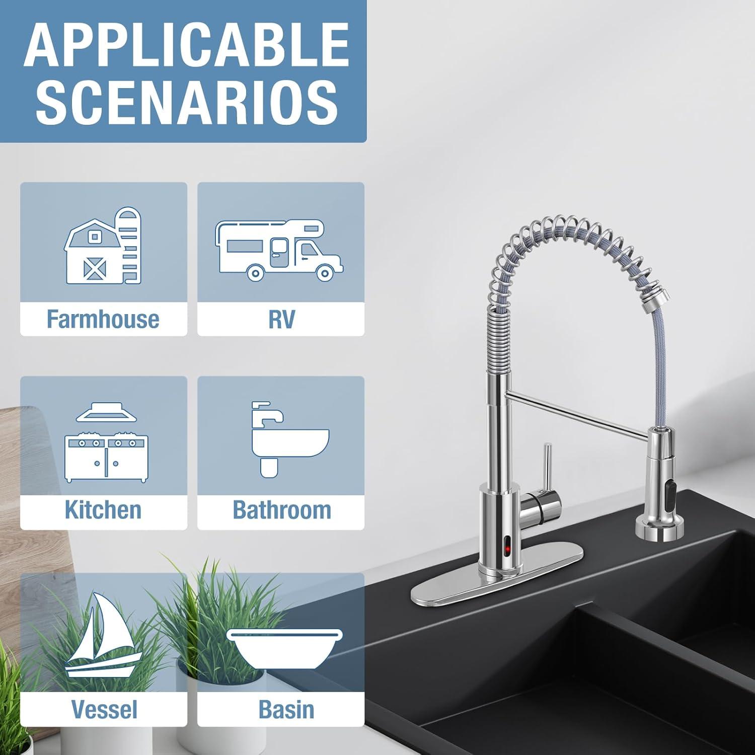 Coliware Kitchen Sink Faucet Brushed Nickel with Pull Down Sprayer, Stainless Steel Spring Kitchen High Arc Commercial Faucets with Deck Plate 1 or 3 Hole