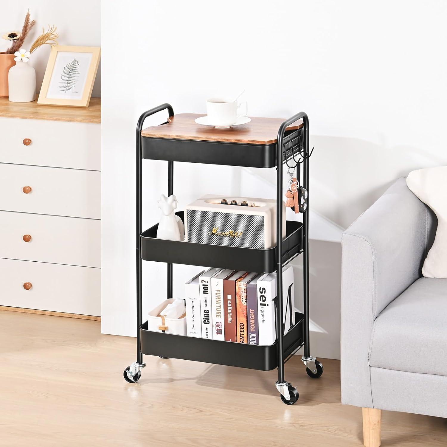 Utility Cart with Wooden Table Top, 3-Tier Metal Rolling Storage Cart, Black Trolley Kitchen Organizer Rolling Desk with Locking Wheels for Office, Classroom, Home