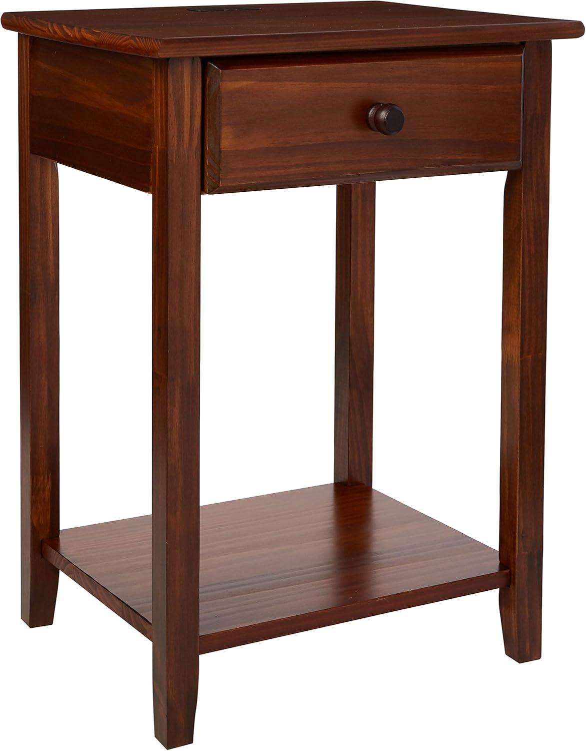 Warm Brown Solid Wood Nightstand with USB Charging Station