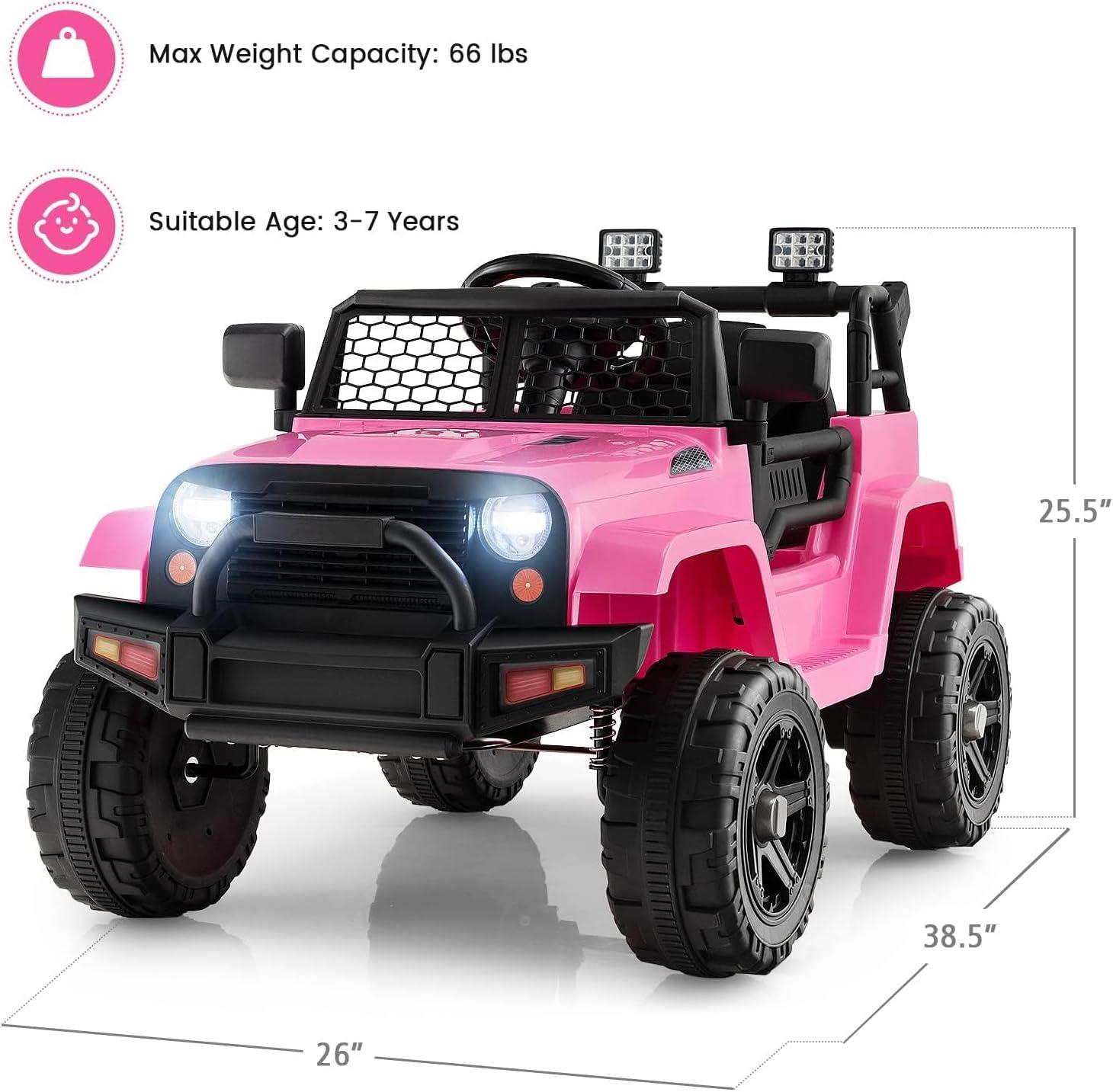 CIPACHO 12V Kids Ride On Truck Car Toy with Parent Remote Control, Spring Suspension, LED Lights, Pink