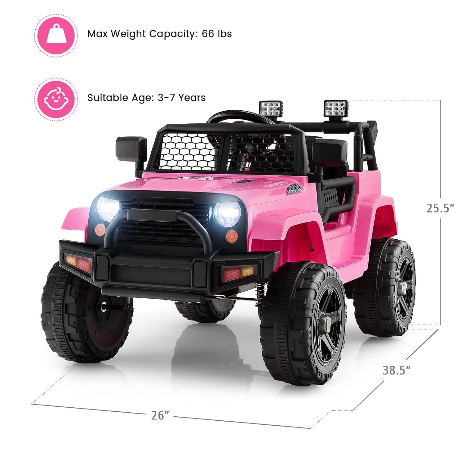 NEILA 12V Kids Ride On Jeep Car Truck Vehicles for Kids Electric Toys Cars with Remote Control Spring Suspension, LED Lights, Bluetooth, 2 Speeds （Pink）