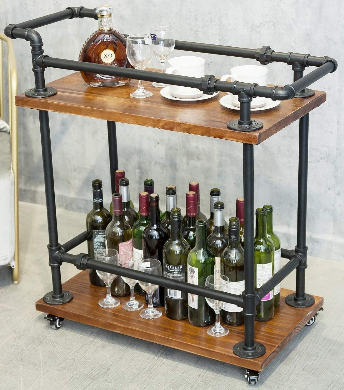 Industrial Bar Carts/Serving Carts/Kitchen Carts/Wine Rack Carts on Wheels with Storage - Industrial Rolling Carts - Wine Tea Liquor Shelves/Holder - Solid Wood and Metal Home Furniture