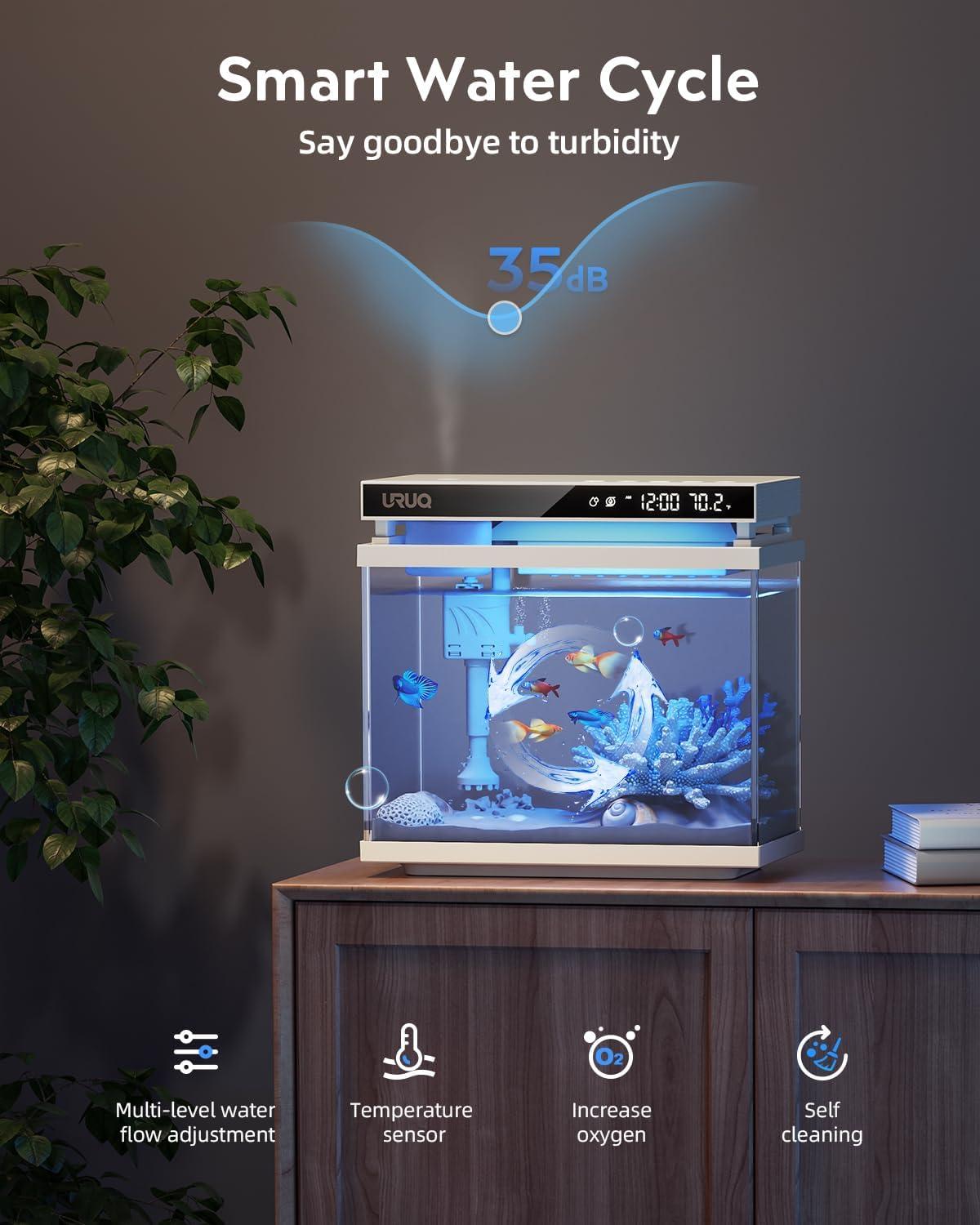 Latitude Run® Fish Tank Smart Aquarium Kit: 2 Gallon UHD Glass Silent Water Pump Self Cleaning Multi Layer Filtration System - Temperature Sensing 7-Color Lighting For Small Fish Betta Kids Room Desktop Decor