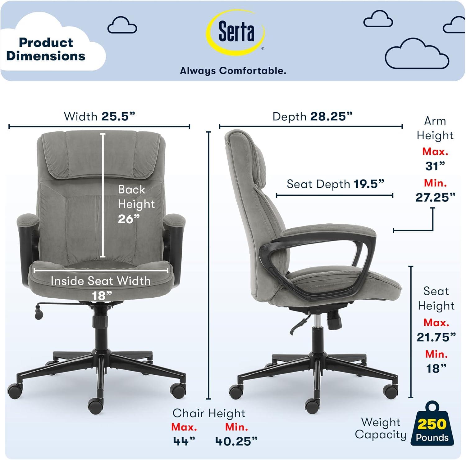 Serta Hannah Microfiber High Back Executive Office Chair with Arms, 250 lb. Capacity, Gray