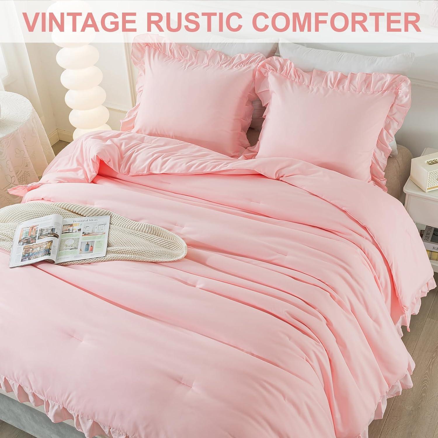 HOMERRY Pink Ruffle Pattern Duvet Cover Queen Size, 3PCS Soft Microfiber Fabric Comforter Set, 90x90 in