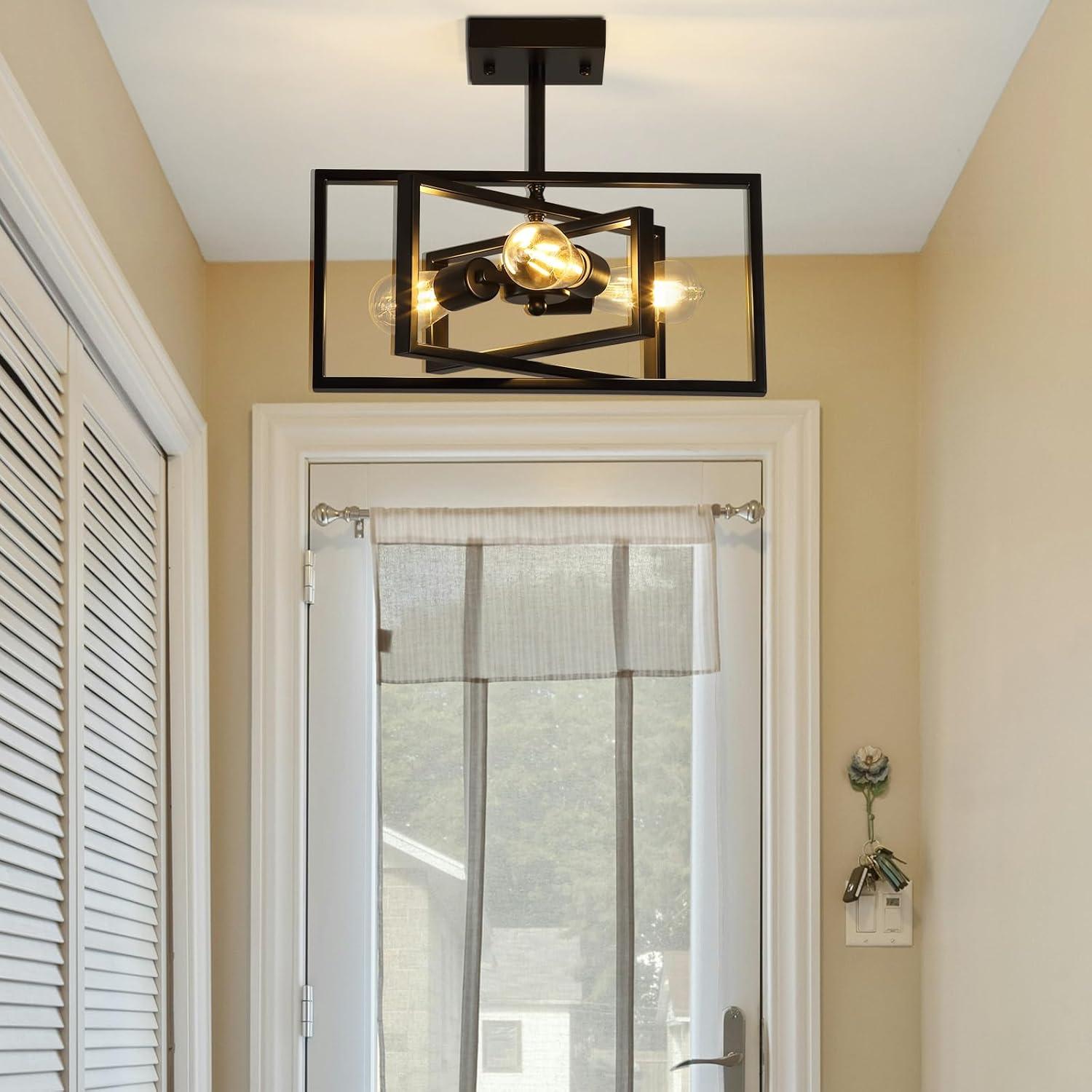 Black Semi Flush Mount Ceiling Light Fixture, 3-Light Modern Farmhouse Ceiling Light, Industrial Metal Chandelier Ceiling Lamp for Kitchen Entryway Bedroom Foyer Hallway, E26 Socket