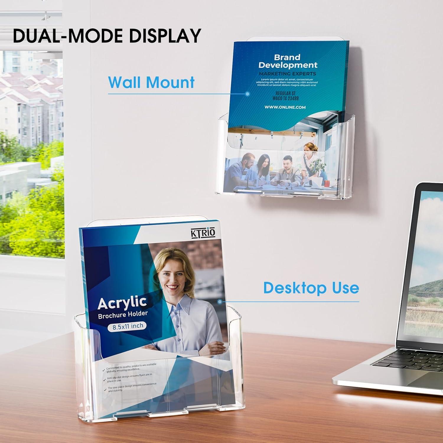 Ktrio Acrylic Brochure Holder 8.5 x 11 inches Plastic Acrylic Literature Holders Clear Flyer Holder Rack Card Holder, Magazine, Pamphlet, Booklet Display Stand Trifold Holder Desk or Wall Mount 2 Pack