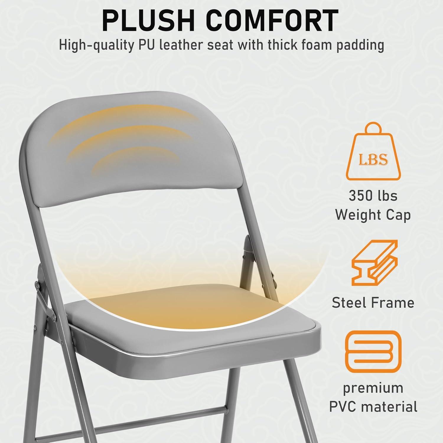 Folding Chairs with Padded Cushion and Back, 4pcs Potable Iron & PVC Durable Chairs for Indoor and Outdoor, School, Office and Garden Party, Gray