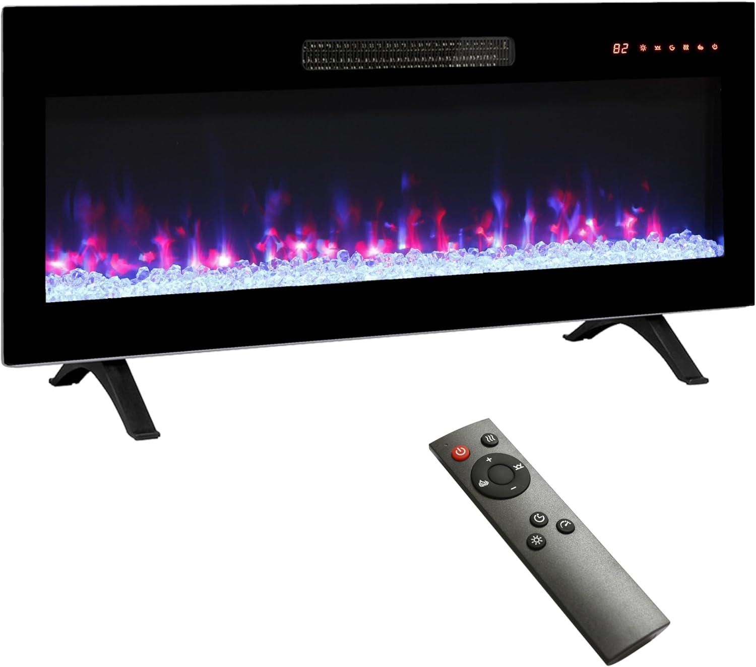 36-Inch Black Glass Wall Mounted Electric Fireplace with Remote