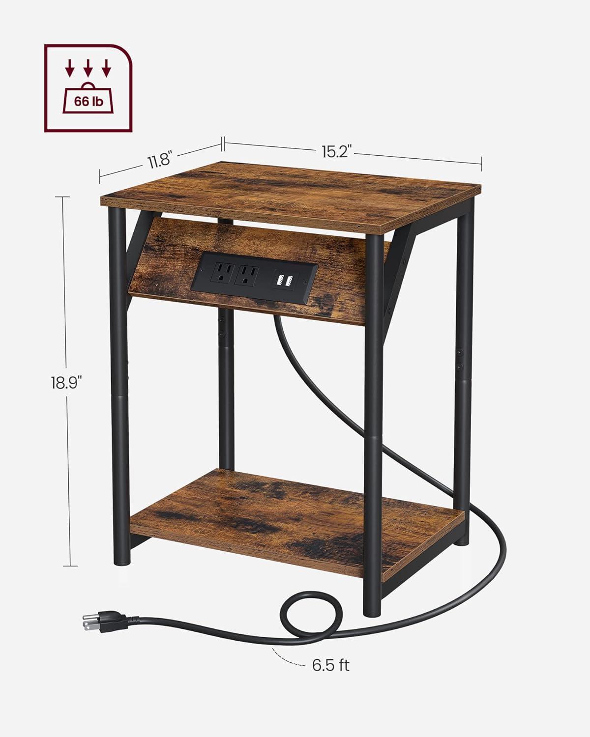 Rustic Brown and Black Metal End Table with Charging Station