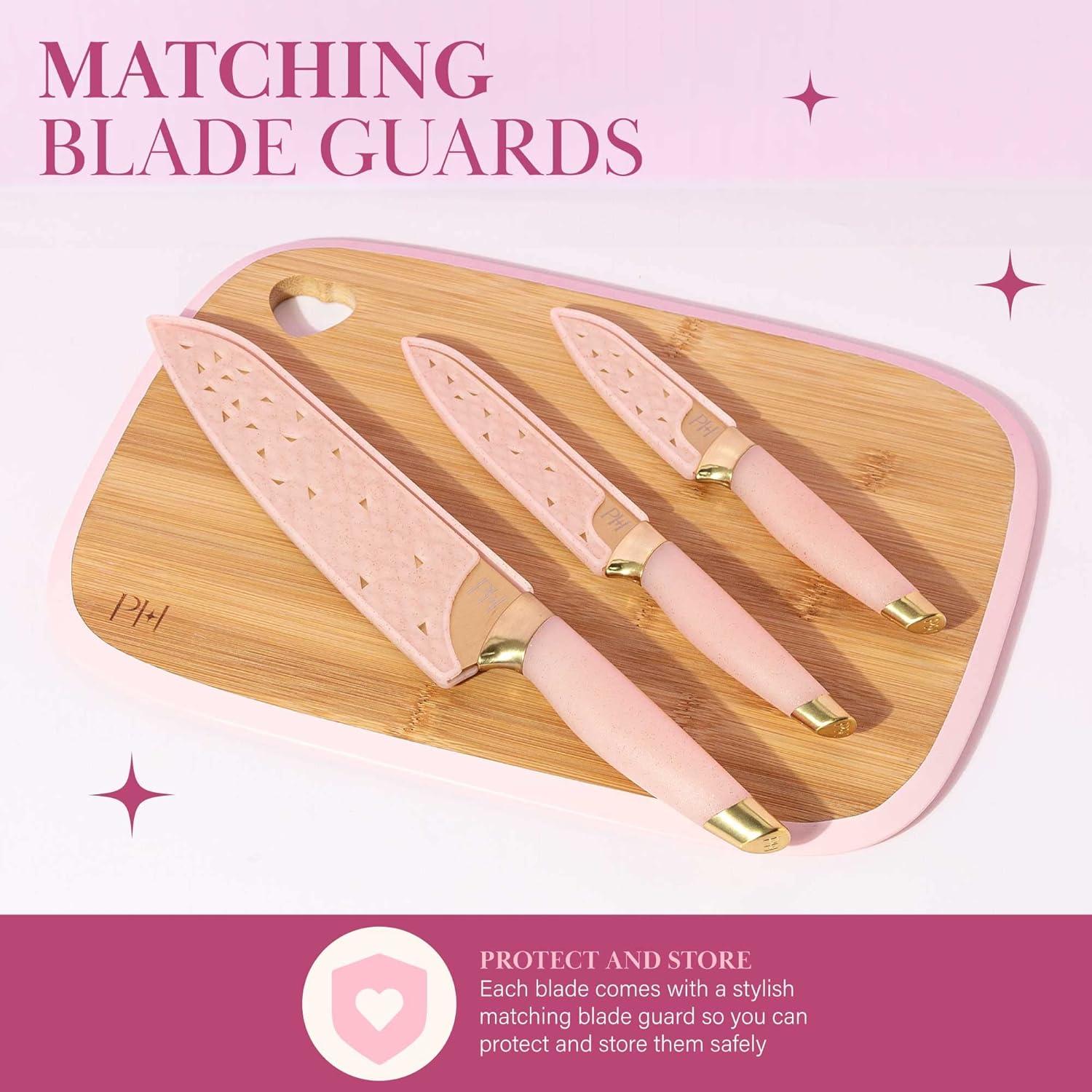 Paris Hilton 7-Piece Reversible Bamboo Heart Cutting Board and Stainless Steel Cutlery Set, Pink