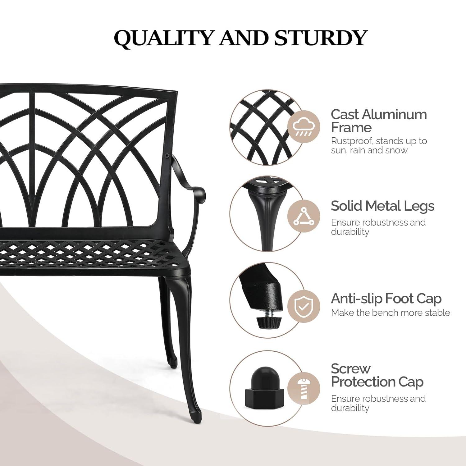 VINGLI 38" Outdoor Garden Orchid Bench, Black Cast Iron Cast Aluminium Solid Frame，Accented Yard Front Porch Patio Outside Park Decor Deck Furniture for 1-2 Person Seat