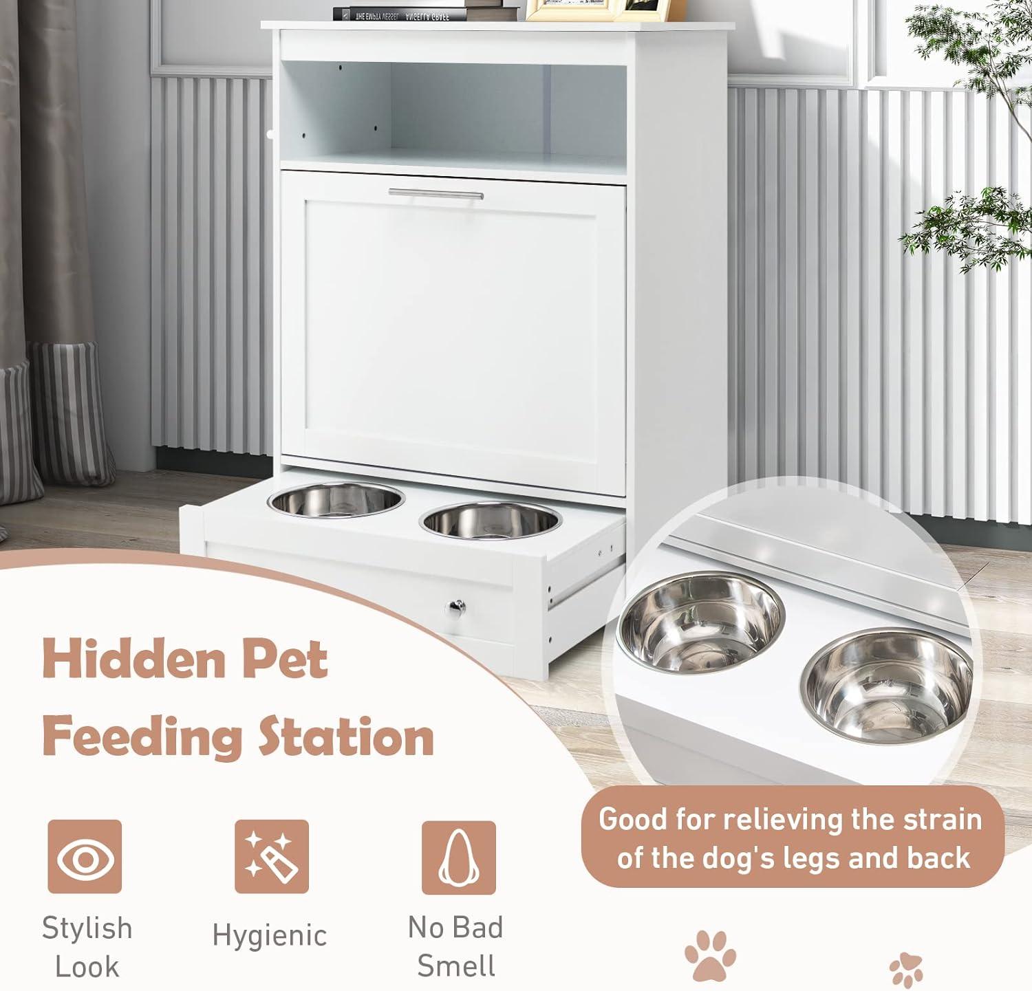 Tangkula Pet Feeding Station Furniture w/ Double Pull Out Dog Bowl Food Cabinet