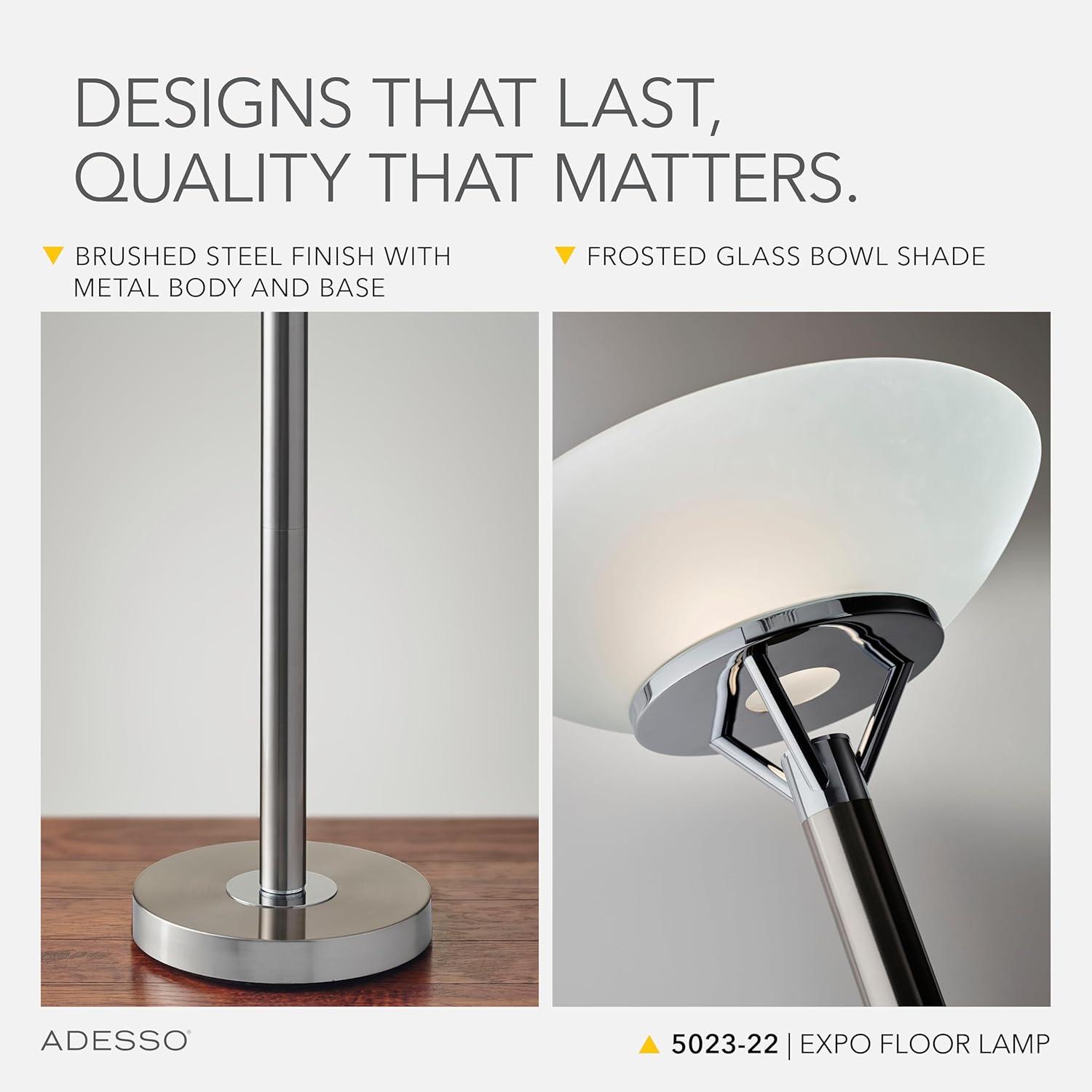 71.5" Expo Floor Lamp Silver - Adesso: ETL Listed, Metal Body, Glass Shade, 2 Sockets, Modern Design