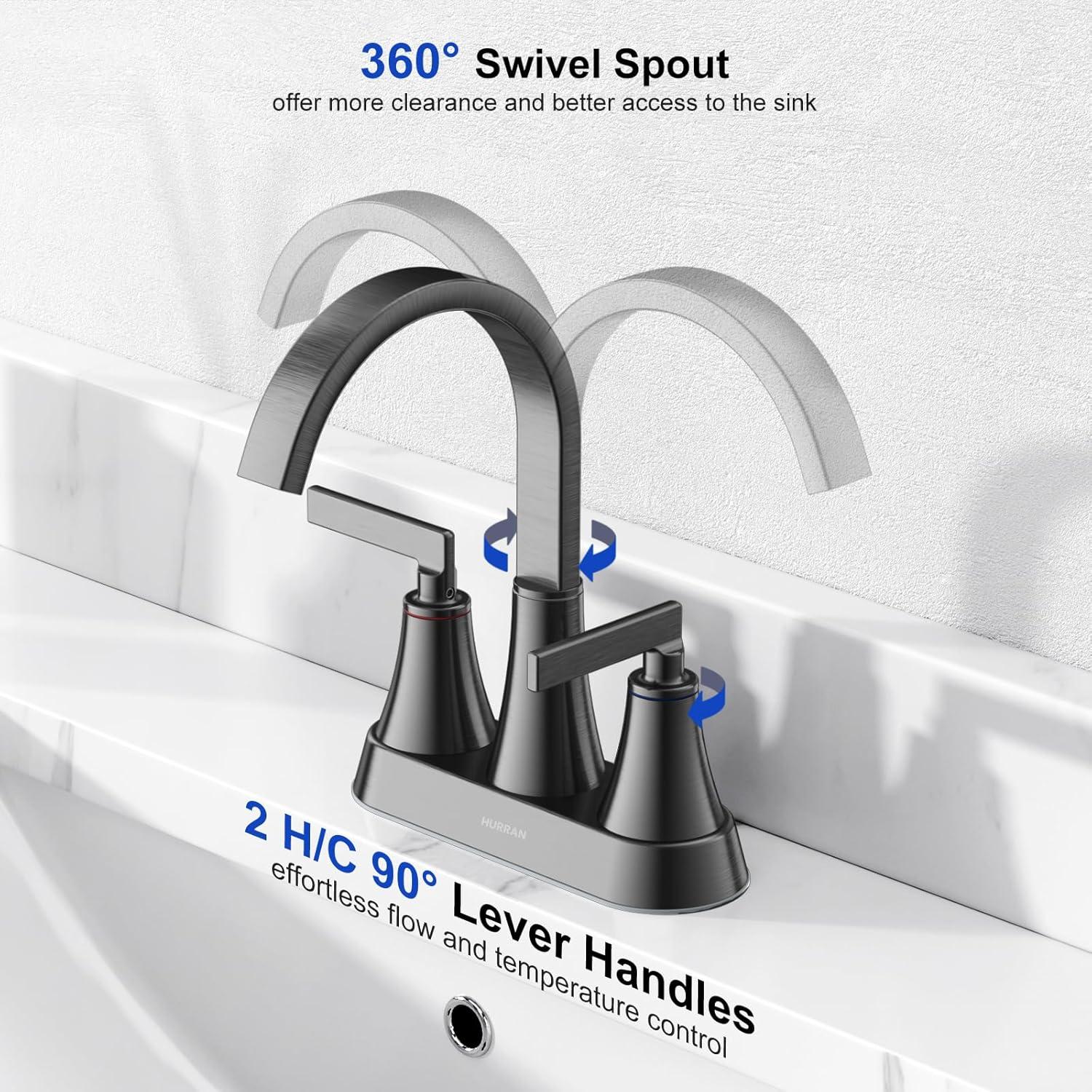 4 Inch Bathroom Faucets for Sink 3 Hole, Faucet for Bathroom Sink with Pop-up Drain & Supply Hoses, 2-Handle 360 Swivel Spout Stainless Steel Lead-Free, Centerset Faucet for Vanity Lavatory