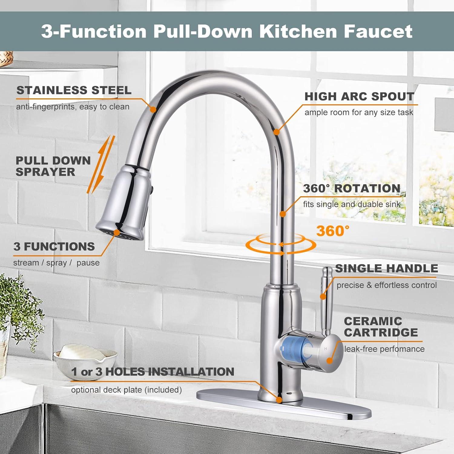 WOWOW Single-Handle Pull-Down Sprayer Kitchen Faucet