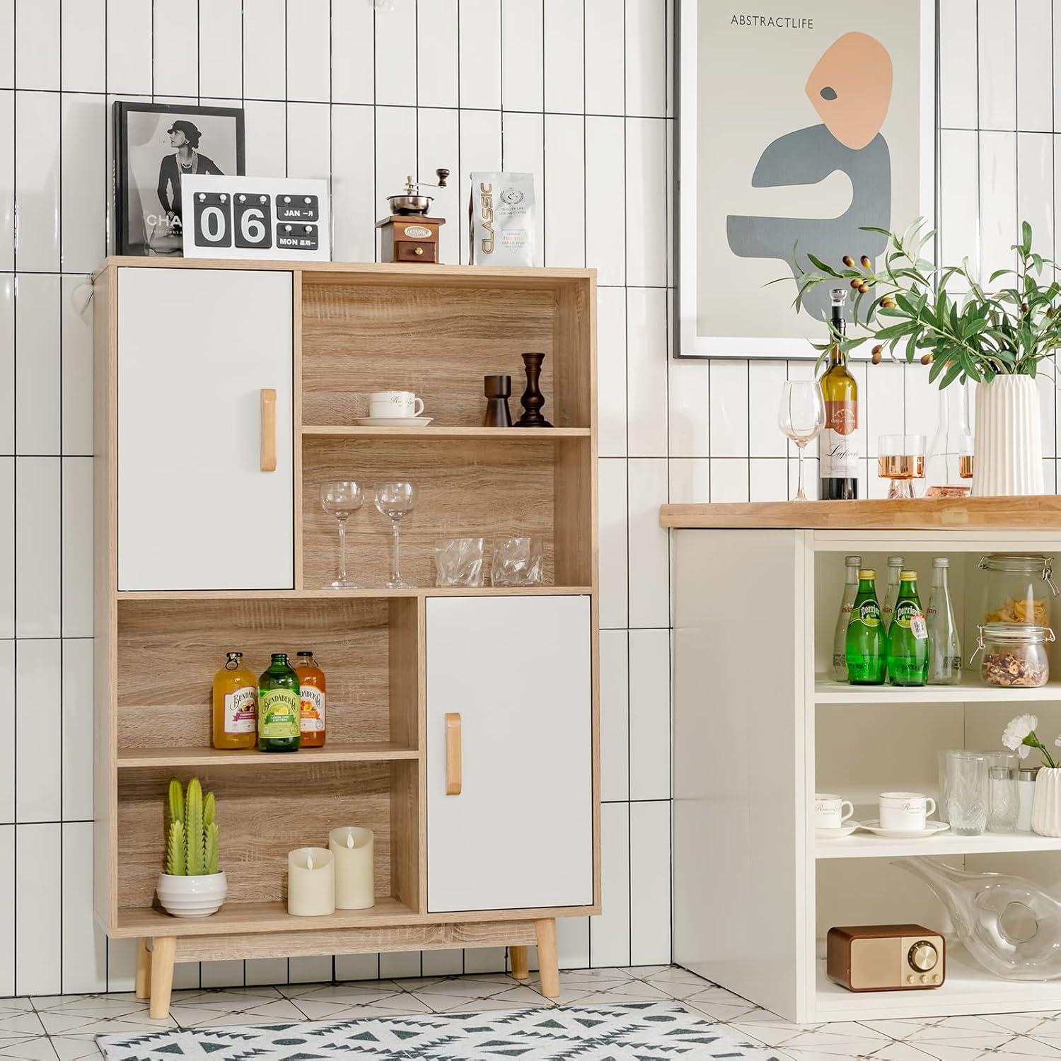 White and Natural Wood Kids Storage Cabinet with Doors