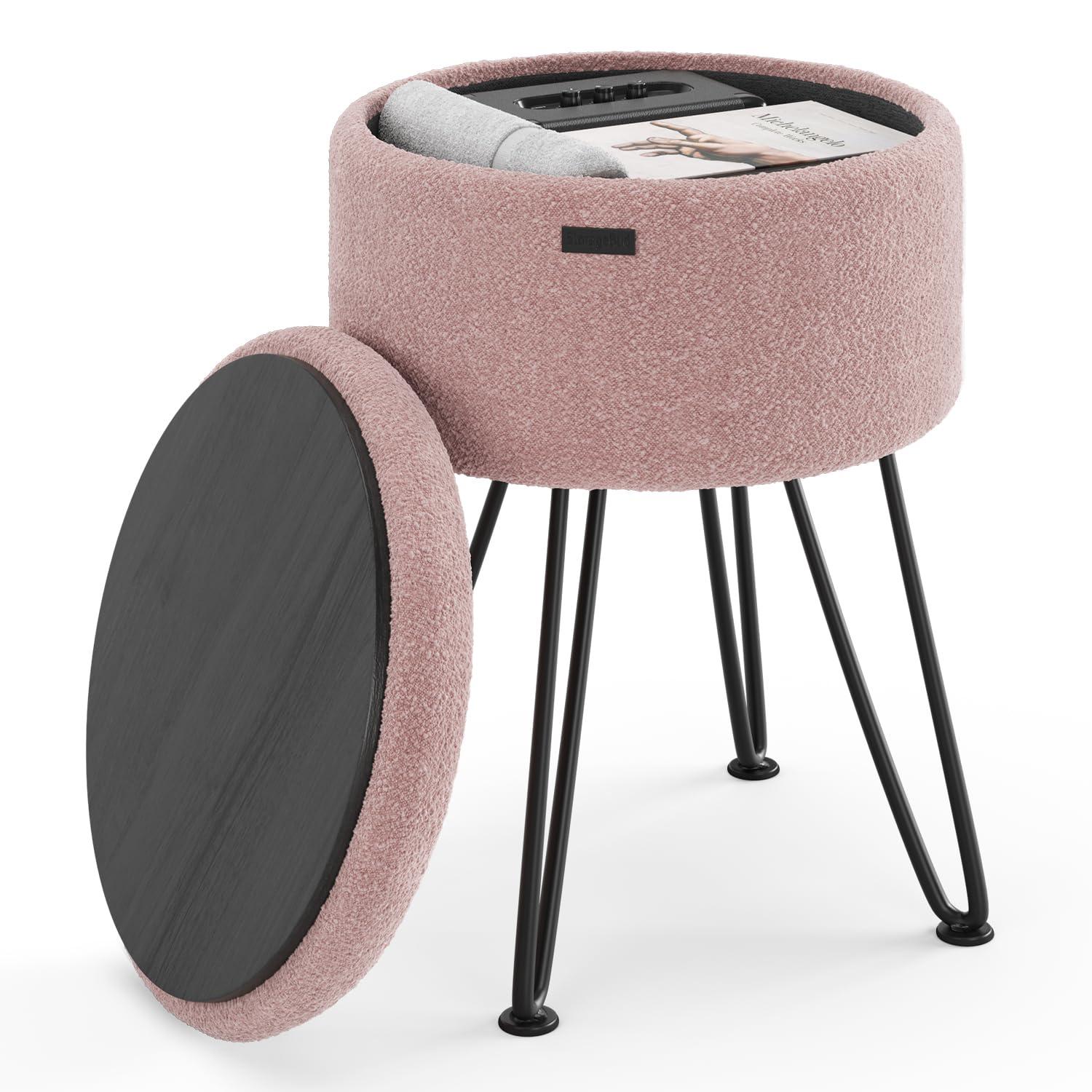 StorageBud Round Ottoman with Storage, Boucle Storage Ottoman, Modern Foot Stool Ottoman for Living Room and Bedroom, Pink/Black Legs