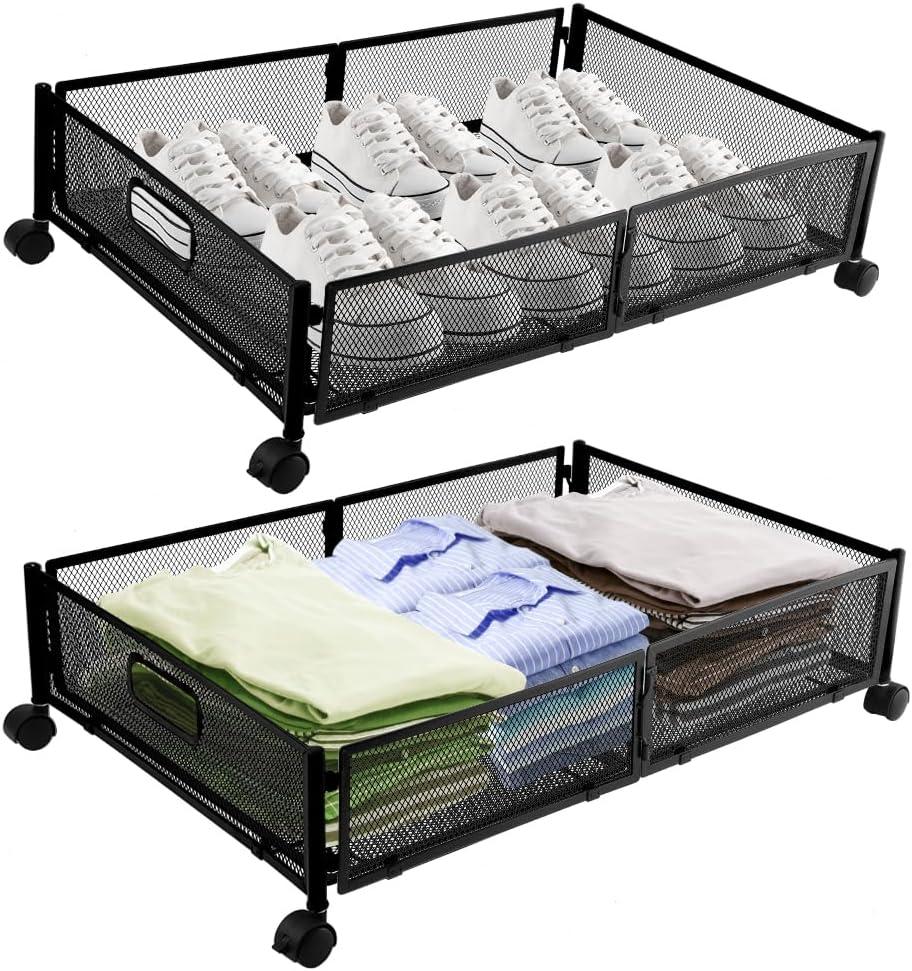 Black Metal Mesh Under Bed Storage Containers with Wheels, 2-Pack