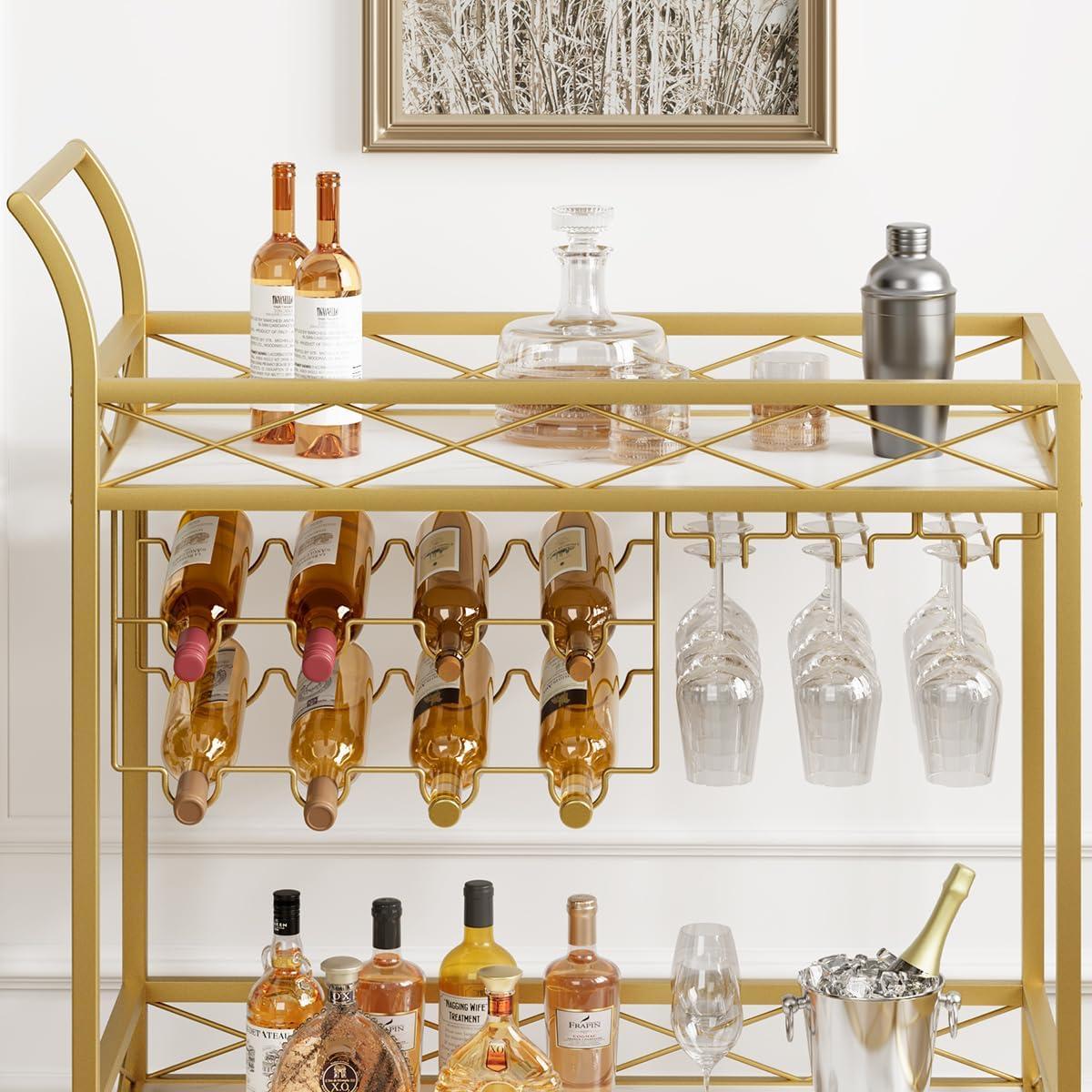 Ataucjin 2 Tier Gold Bar Cart on Wheels Serving Cart With White Marble Finish Wood Shelf Wine Rack & Glass Holder Microwave Cart Drink Cart Rolling Beverage Cart For Home Kitchen Dining Party