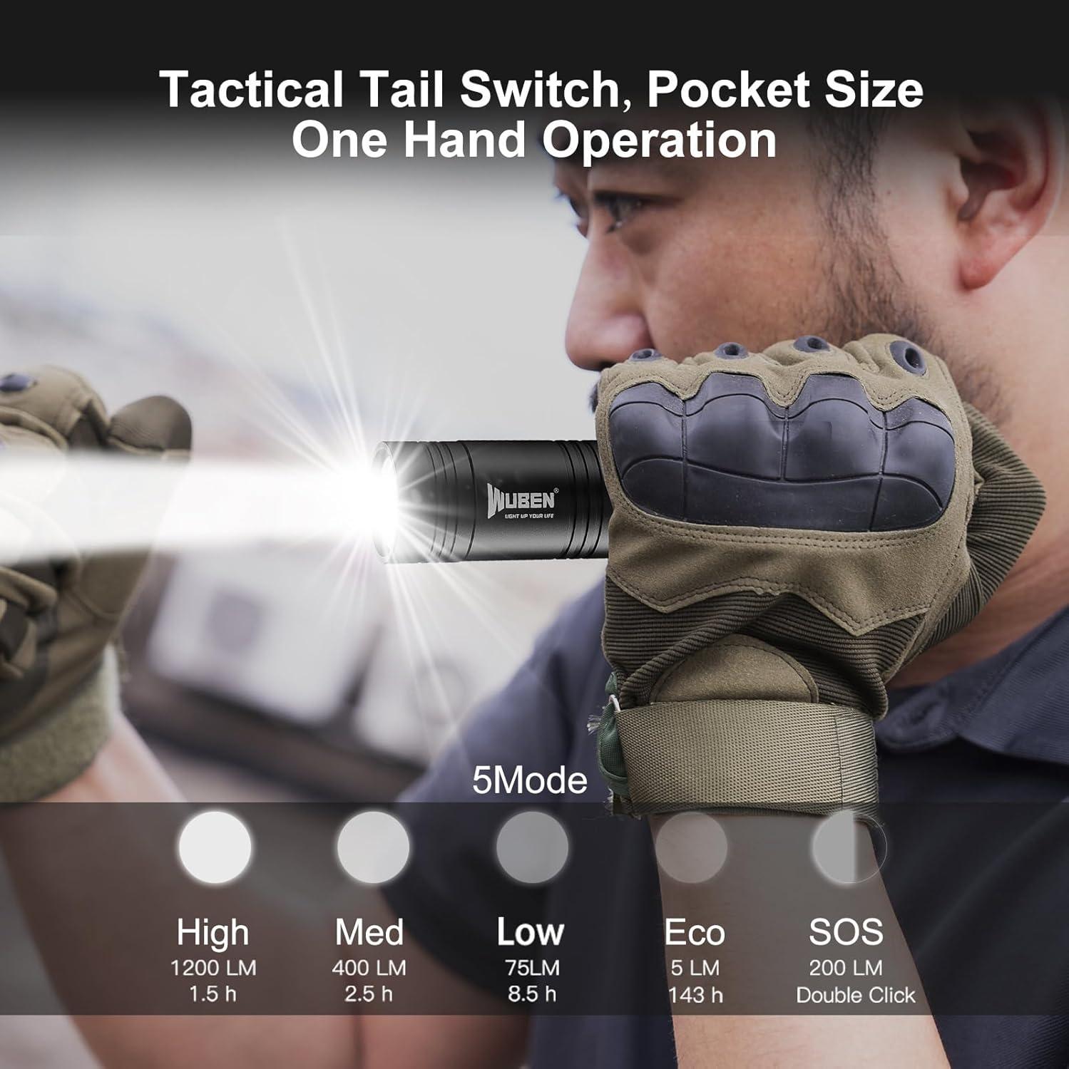 Wuben L50 Rechargeable Tactical Flashlights, 1200 Lumens, IP68 Waterproof, 5 Modes for Emergency, Rescue, Inspection, Hunting