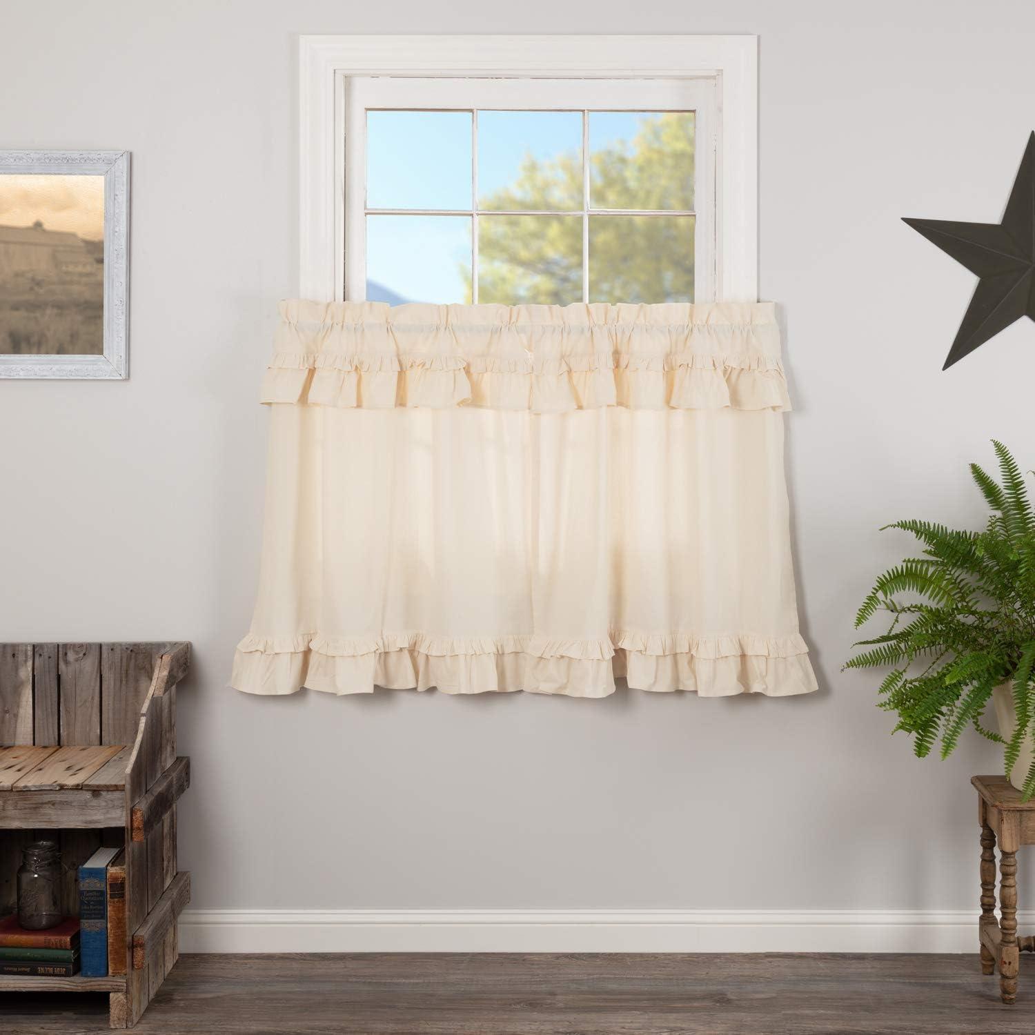VHC Brands Muslin Ruffled Cortinas de Cocina Estilo Granja de Algodón de Color Sólido con Bolsillo para Barra, Par de Niveles de 36x36, Blanco Crema Natural
