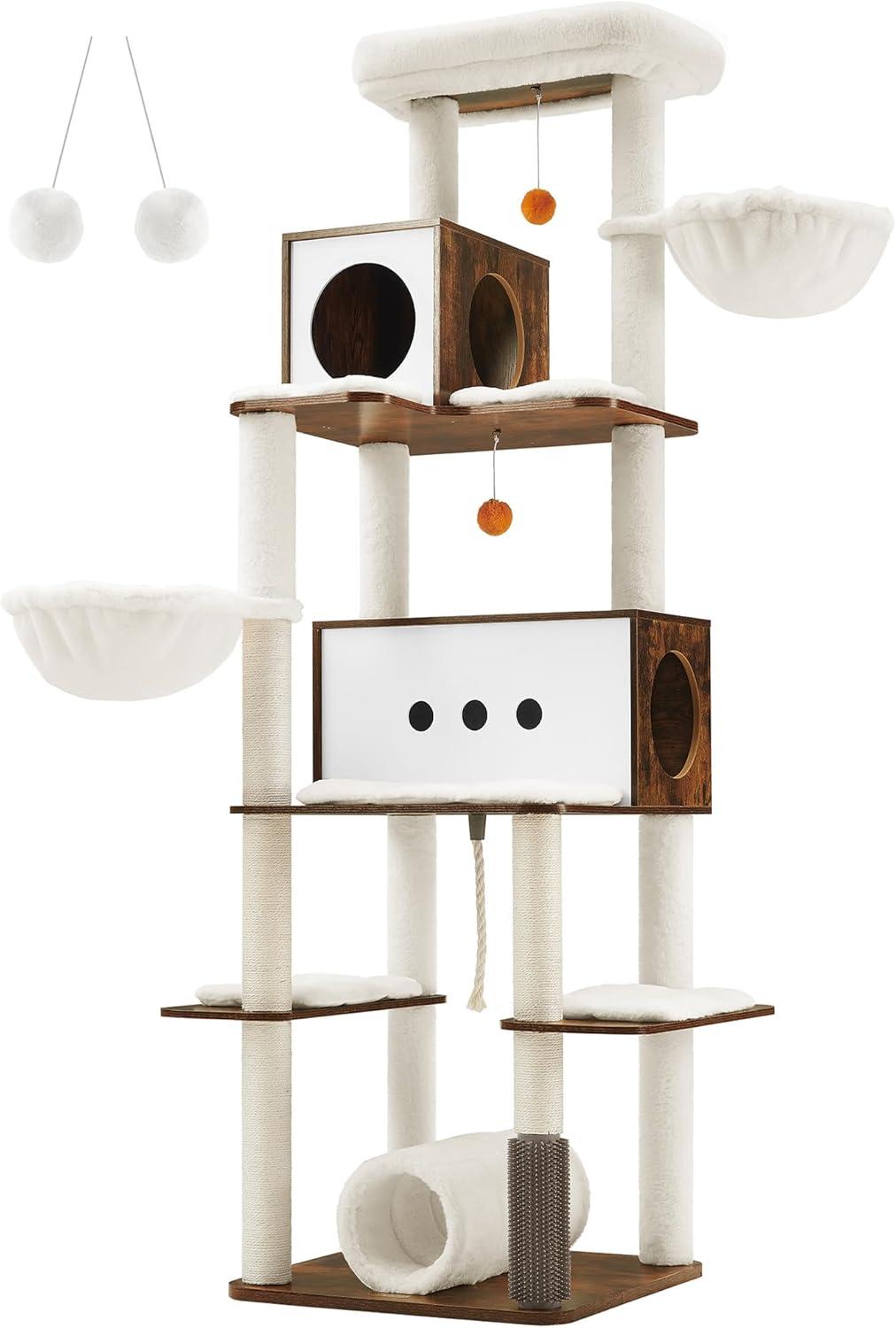 Rustic Brown Multi-Level Cat Tree with Hammocks and Caves