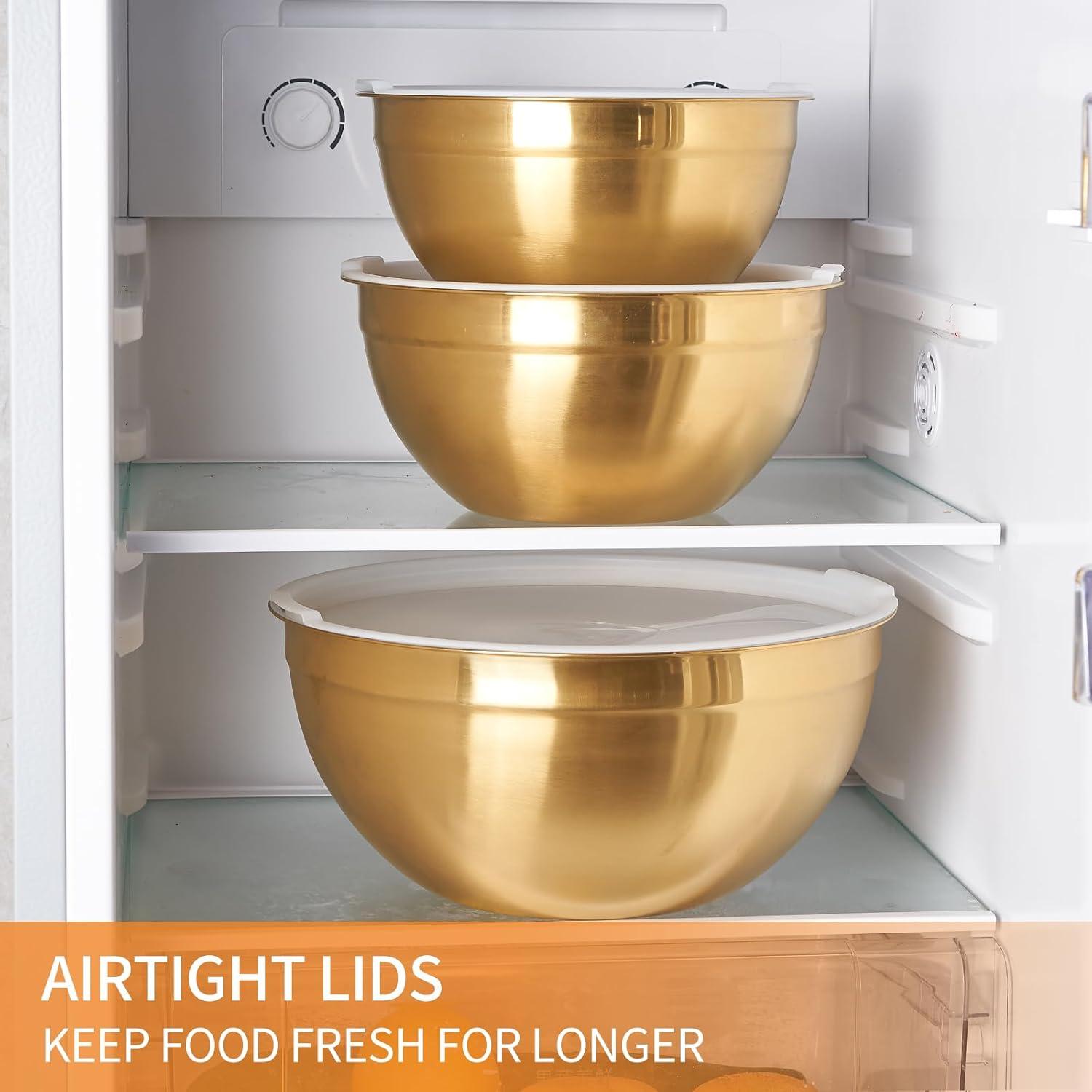 Gold Stainless Steel Mixing Bowls with White Lids, Set of 7