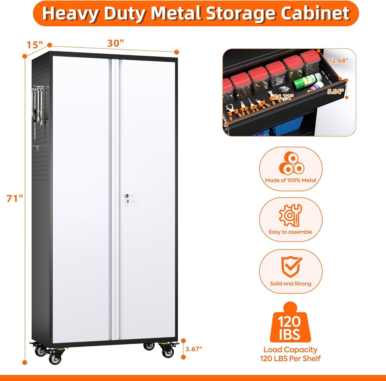 Aobabo Metal Storage Cabinet with Wheels & Pegboards,Office Storage Cabinet with Lock & Shelves,72'' H Steel Garage Cabinet for Office Home Storage,White Required-Assembly