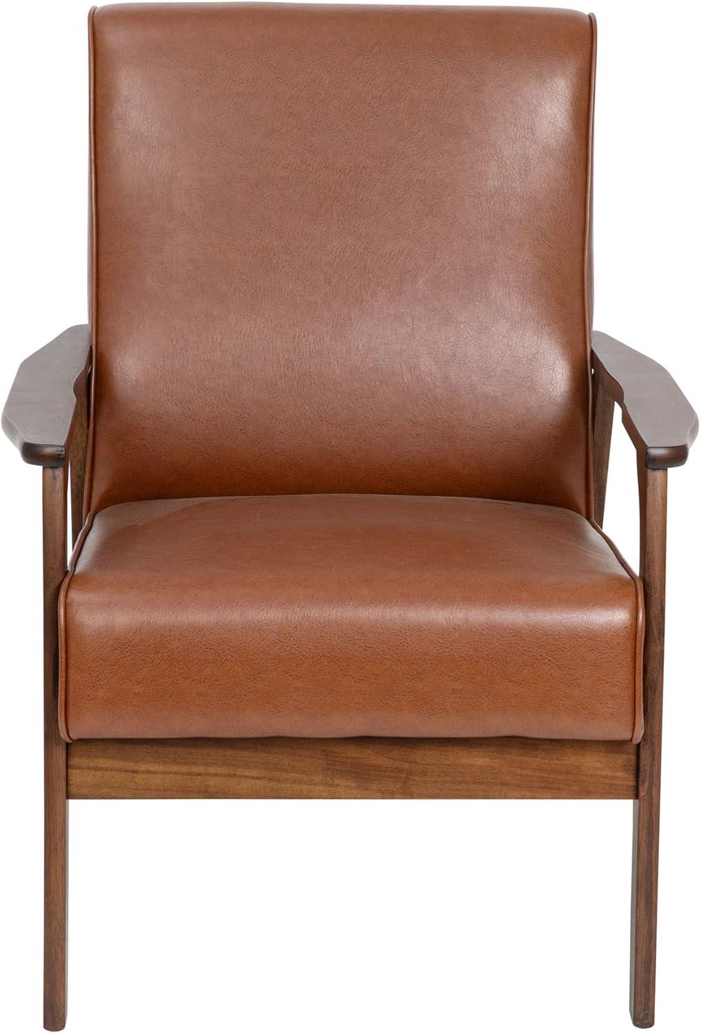 Cognac LeatherSoft Mid-Century Modern Accent Chair with Walnut Wooden Frame