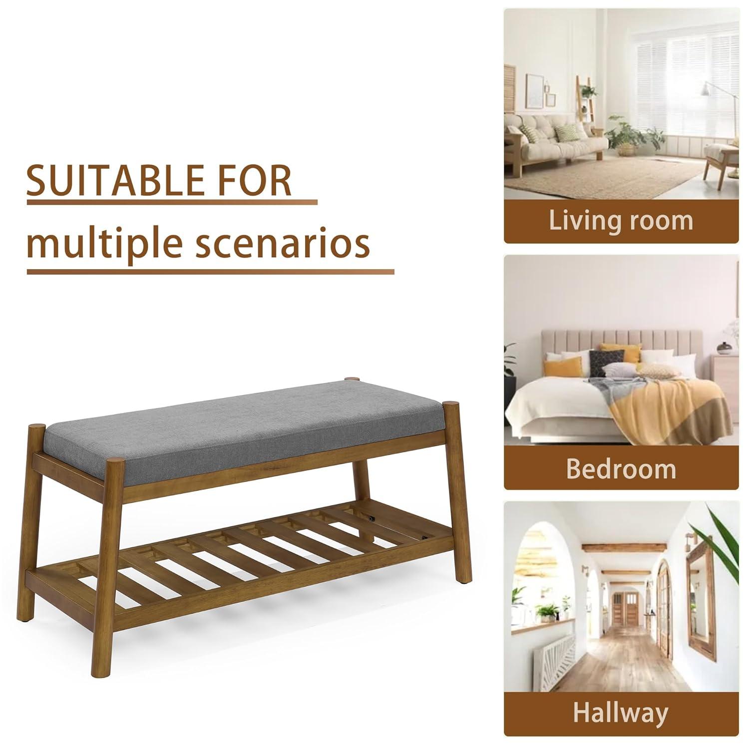 Upholstered Entryway Bench, Bedroom Bench for End of Bed, Dining Bench with Padded Seat for Kitchen, Living Room, Fabric Rubber Wood Indoor Bench (Beige)