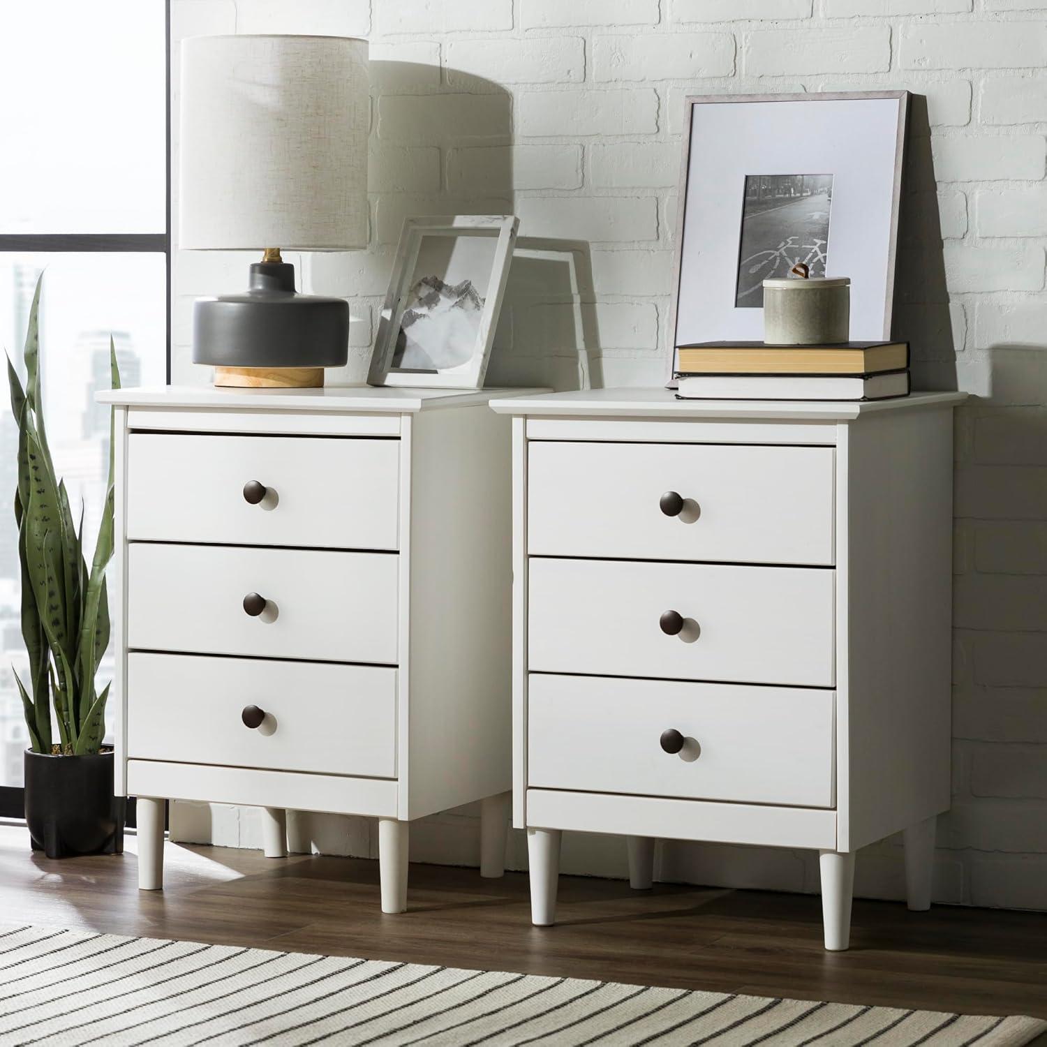 Mid-Century Solid Wood 3-Drawer Bedroom Nightstand in White (Set of 2)