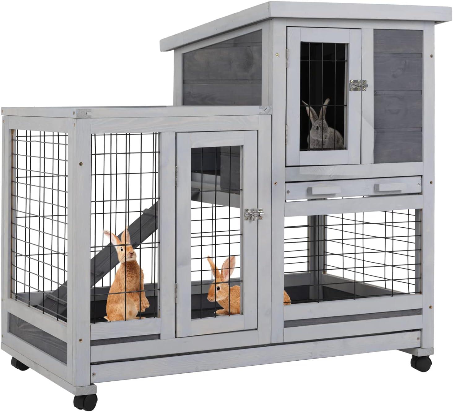 BestPet Rabbit Cage Wooden Rabbit Hutch Two Layers Chicken Coop Outdoor Indoor Guinea Pig Cage Bunny Cage Waterproof Roof Bunny Hutch with Casters and Tray