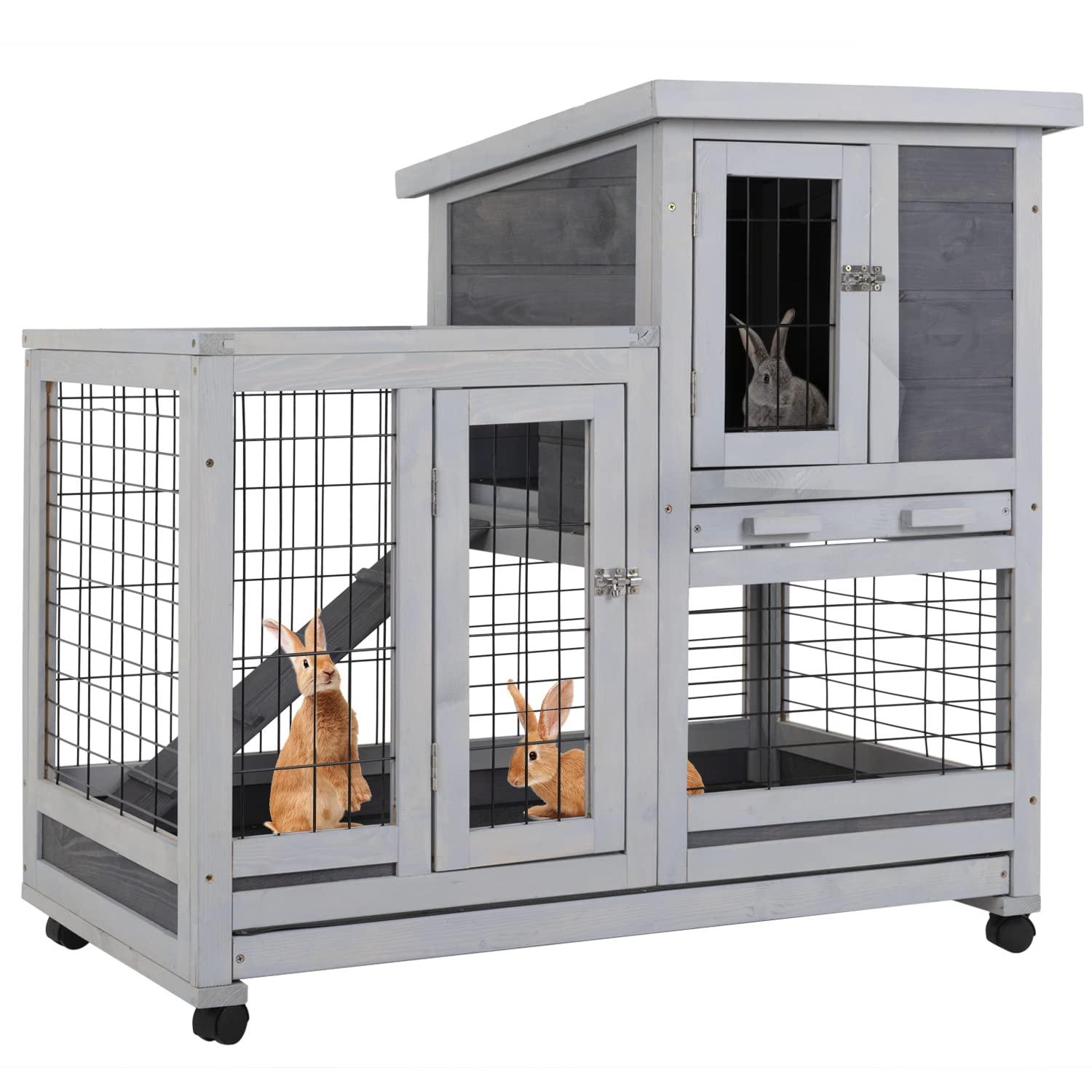 BestPet Rabbit Cage Wooden Rabbit Hutch Two Layers Chicken Coop Outdoor Indoor Guinea Pig Cage Bunny Cage Waterproof Roof Bunny Hutch with Casters and Tray