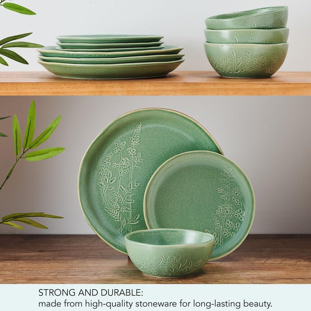 Green Ceramic 12-Piece Dinnerware Set with Textured Accent