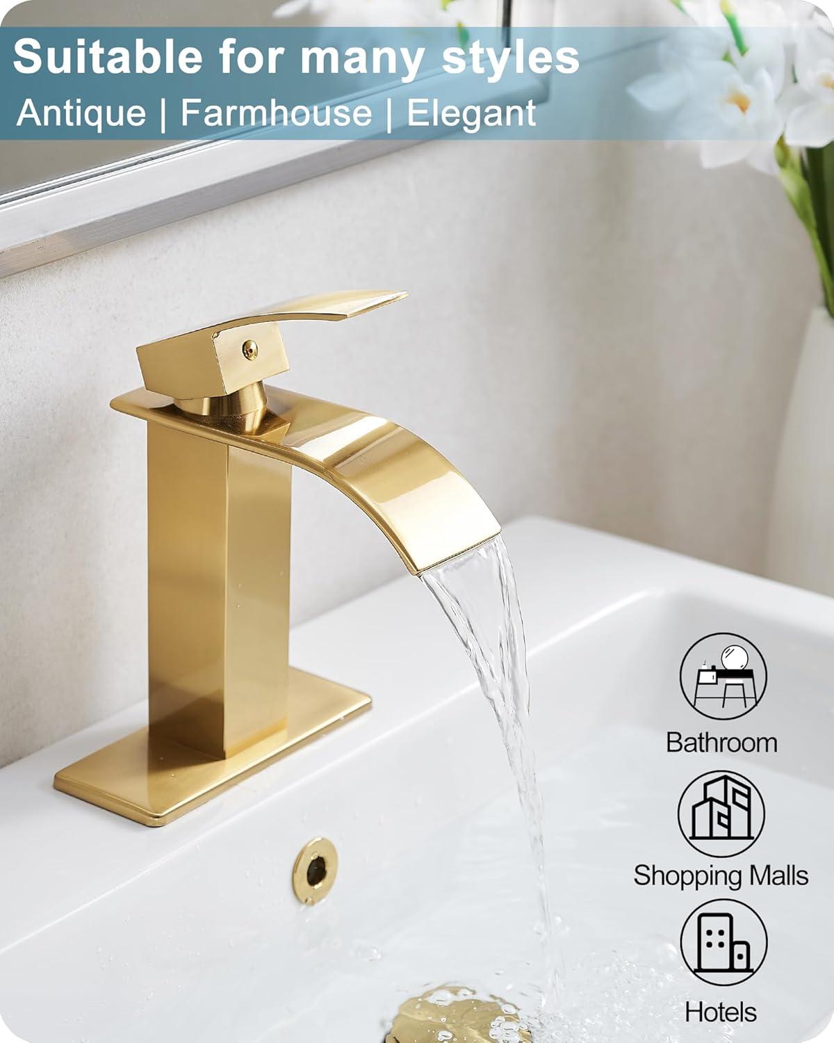 WOWOW Brushed Gold Waterfall Bathroom Faucet  Single Handle Faucet for Bathroom Sink